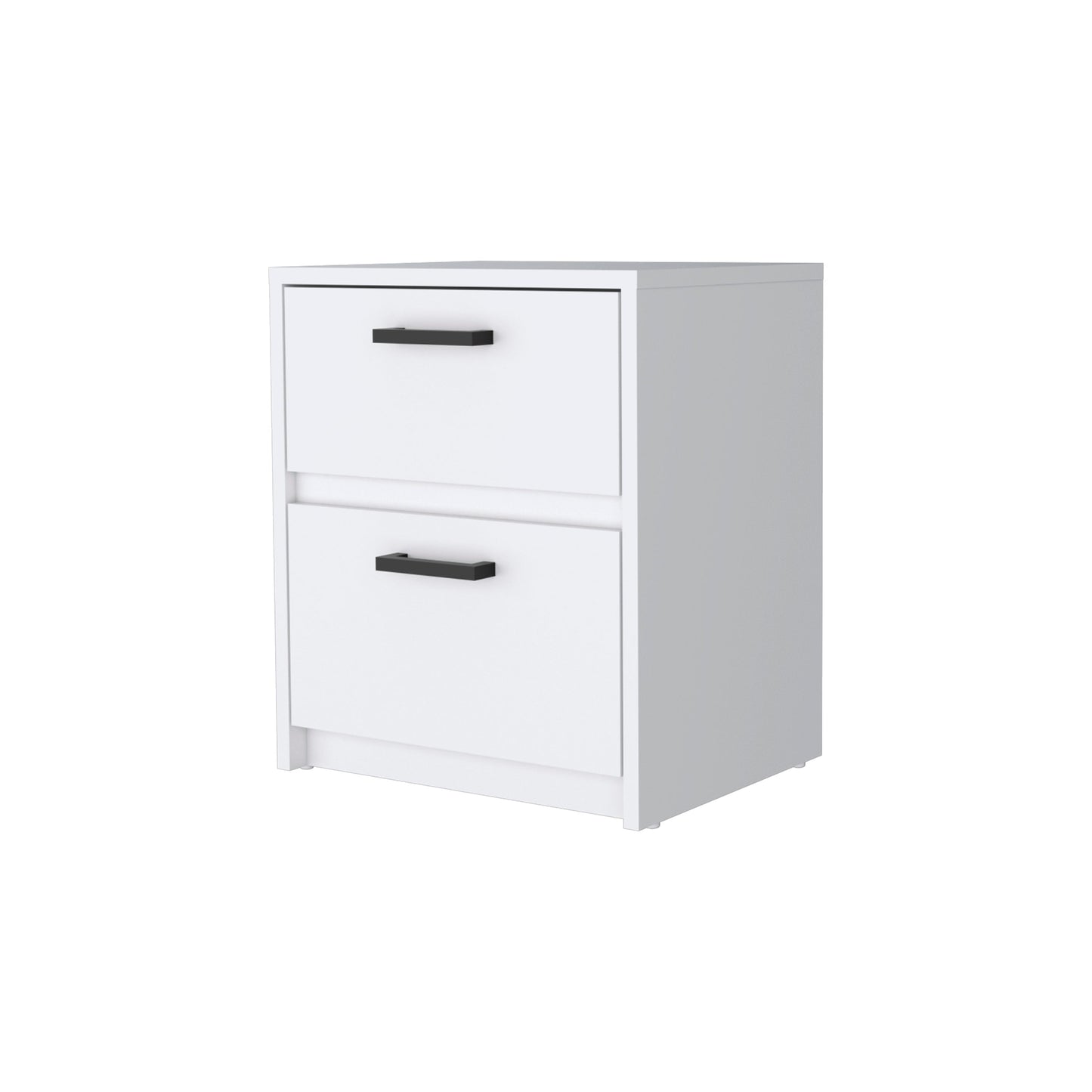 White modern twodrawer nightstand with black bar handles
