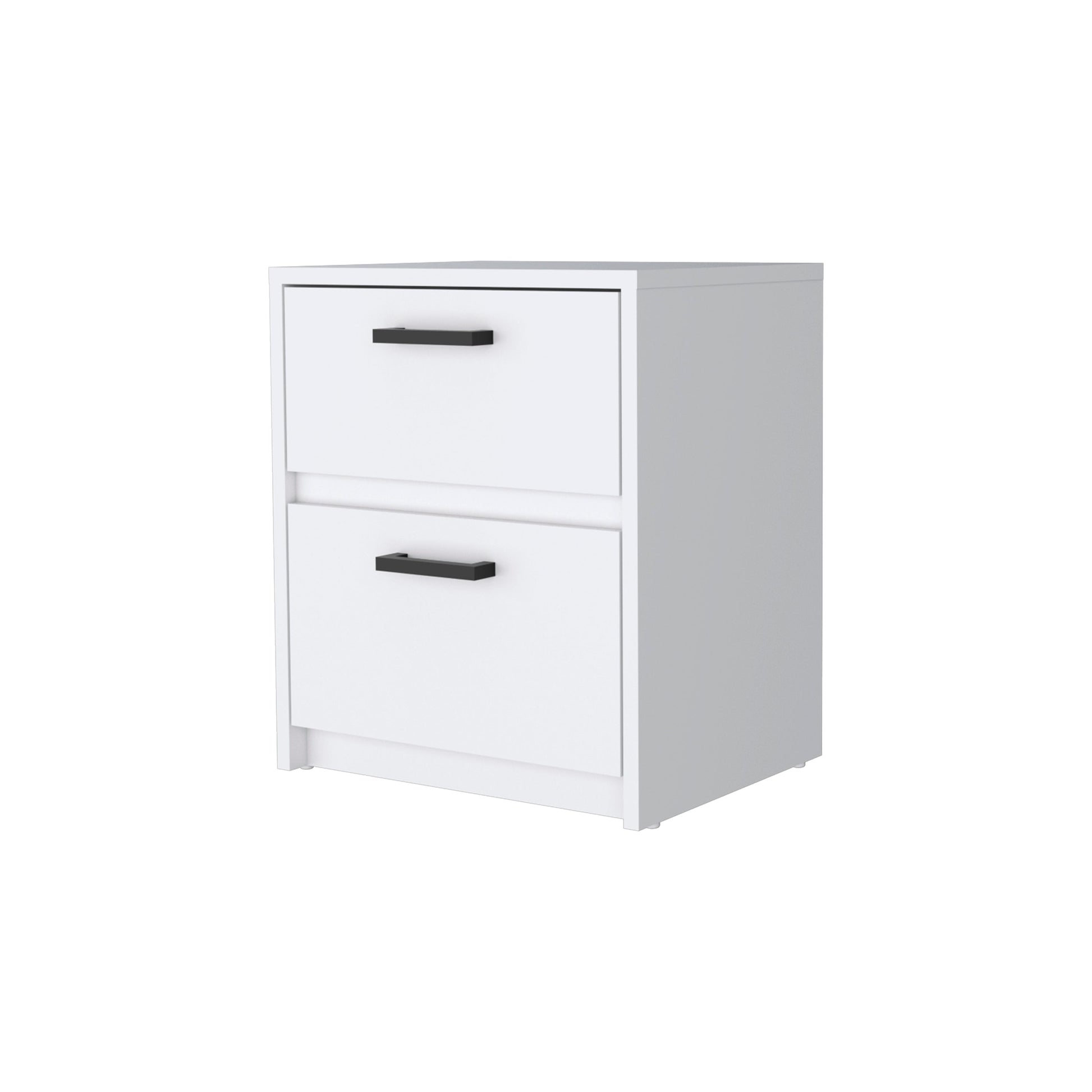 White modern twodrawer nightstand with black bar handles
