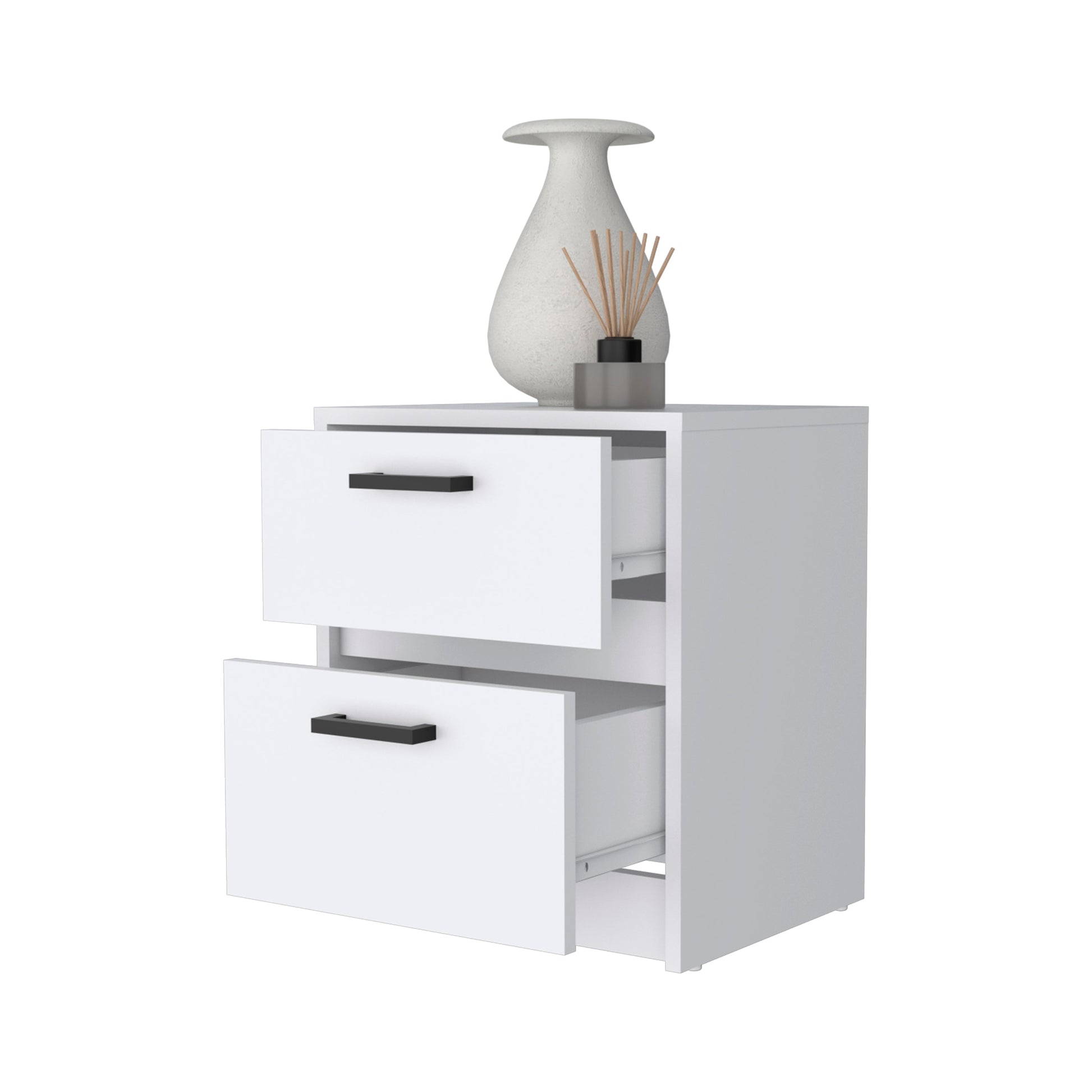 Modern white twodrawer nightstand with black handles