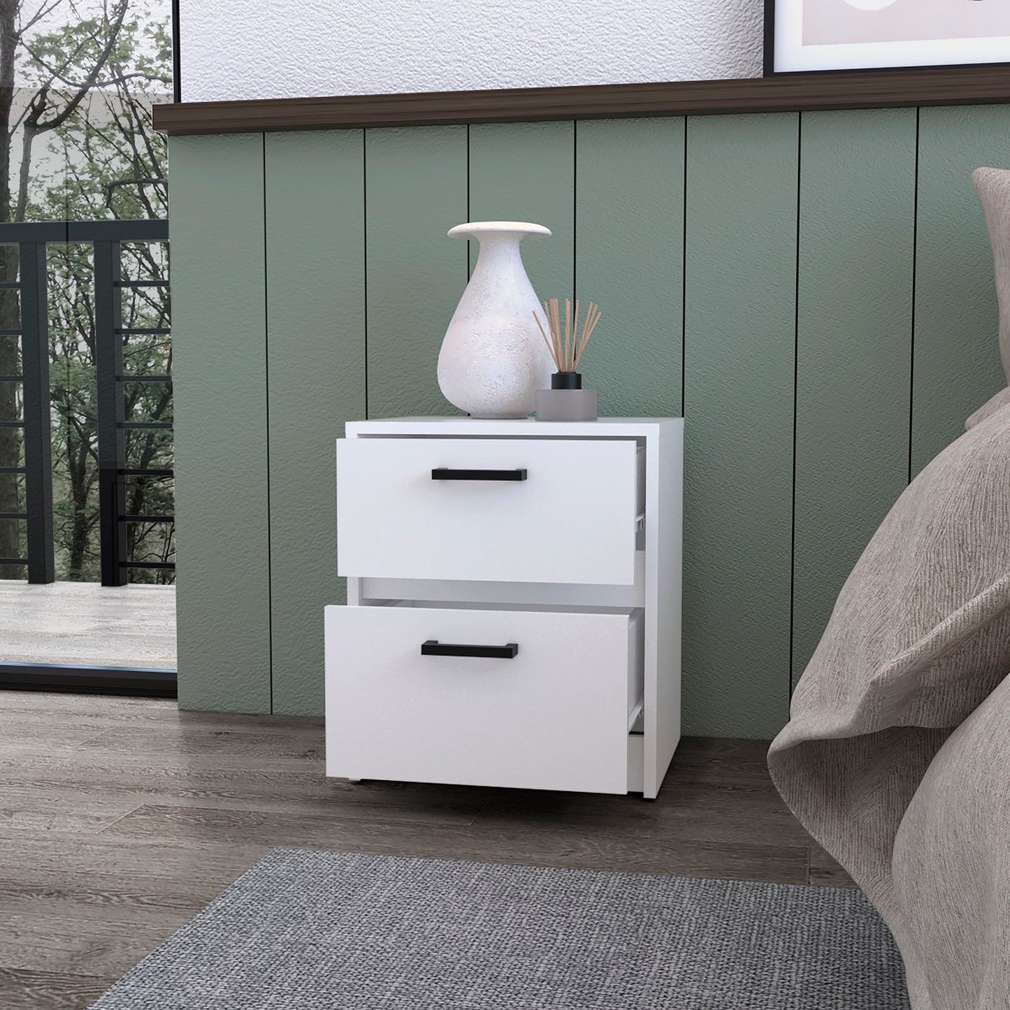 White twodrawer nightstand with black handles