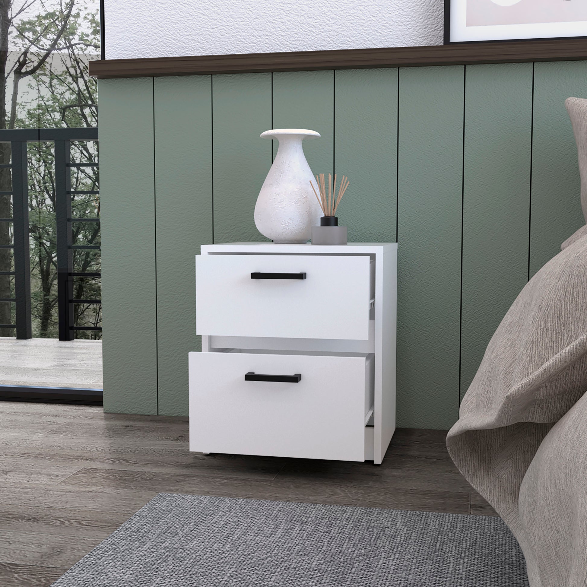 White twodrawer nightstand with black handles