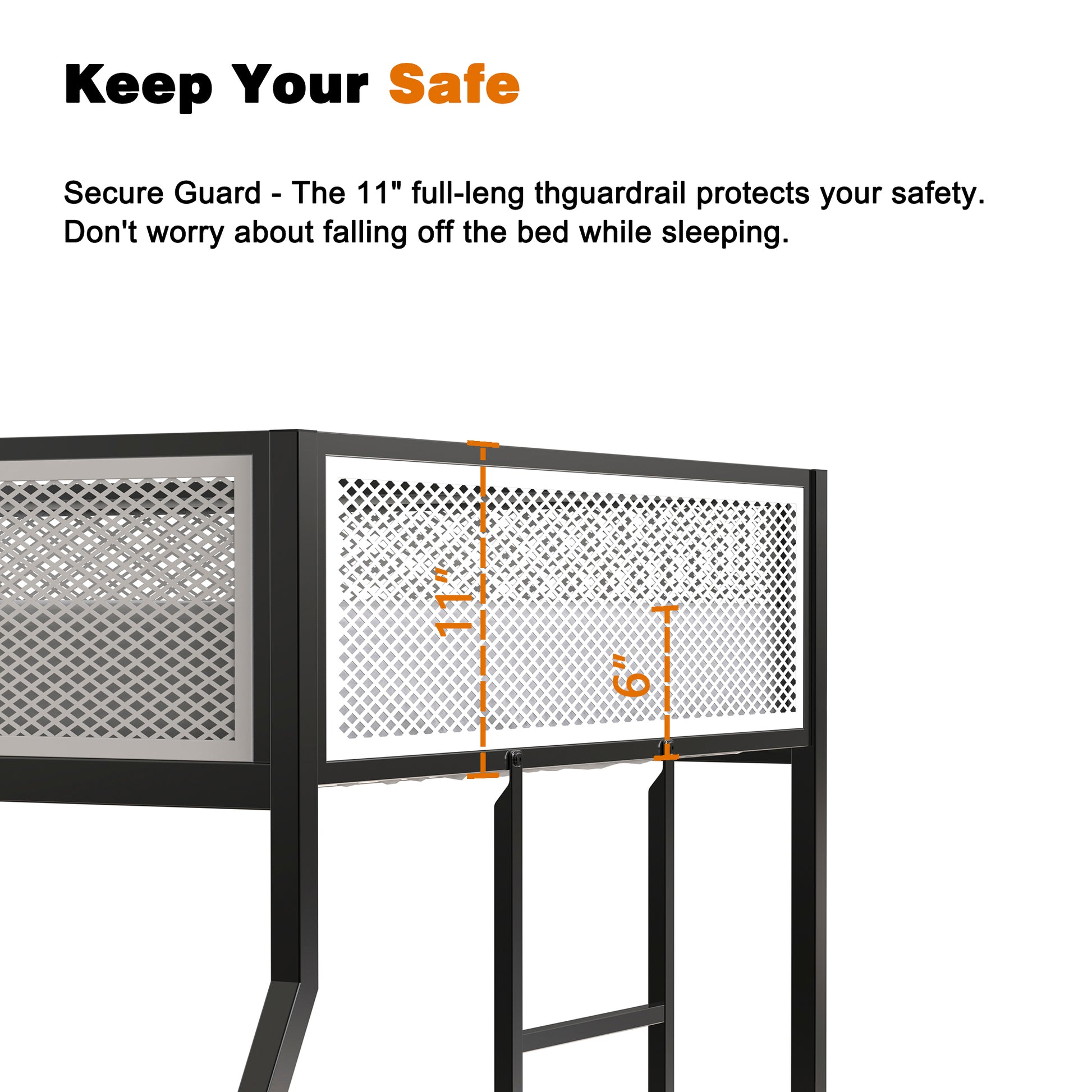 Black metal bed frame with a inch high secure guardrail for added safety