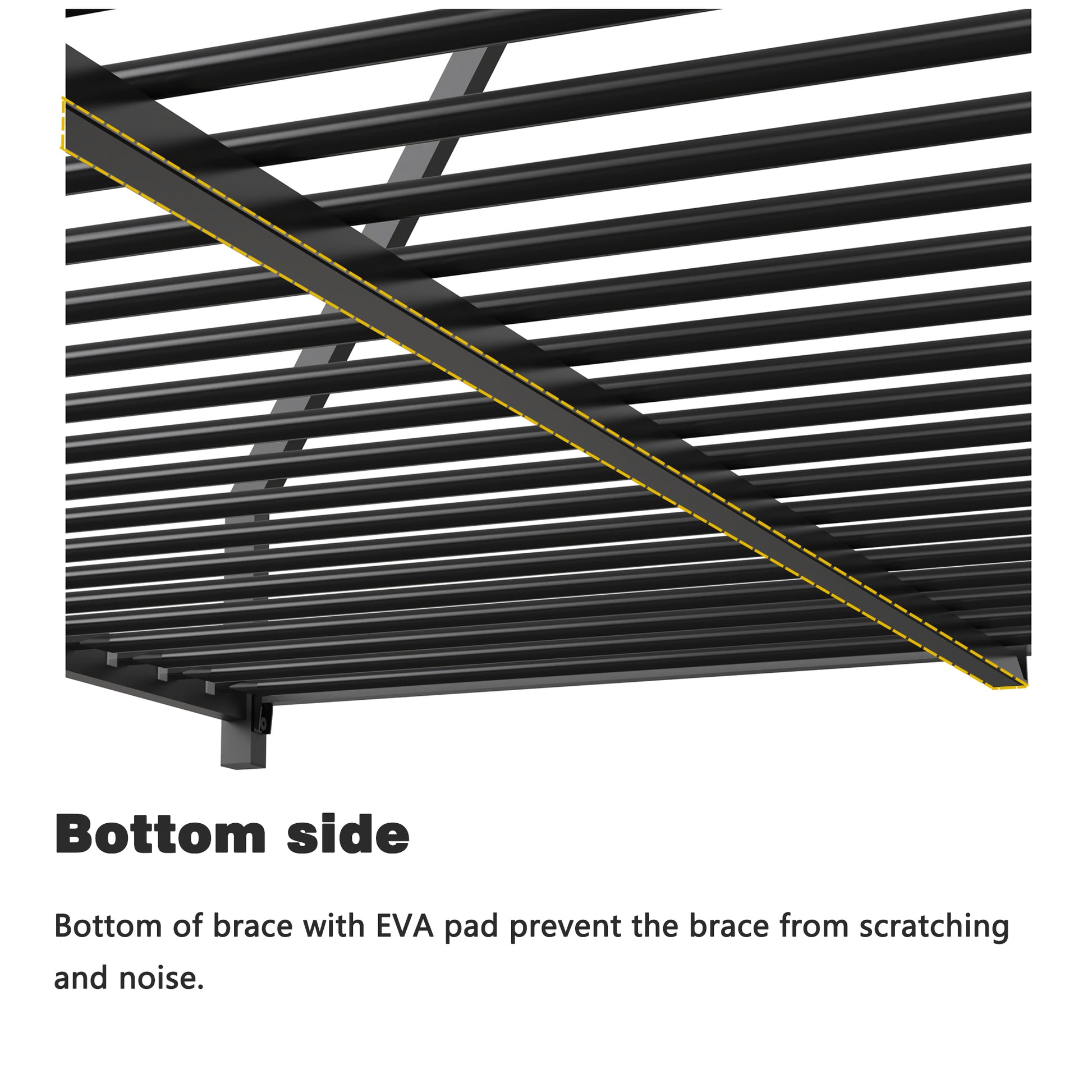 Black metal bed frame support brace with yellow accent line