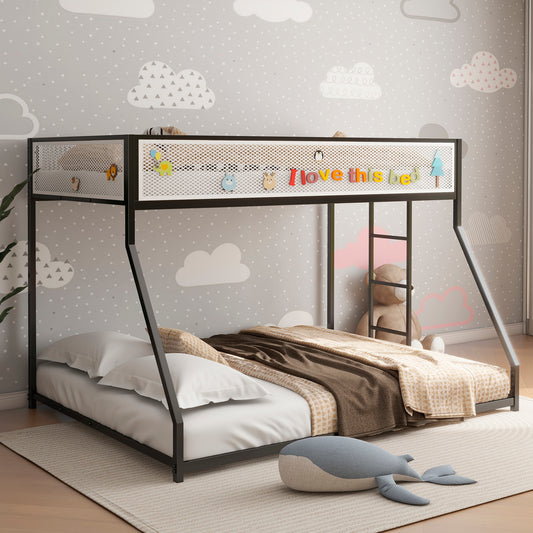 Black metal twin over twin bunk bed with white bedding and brown throw