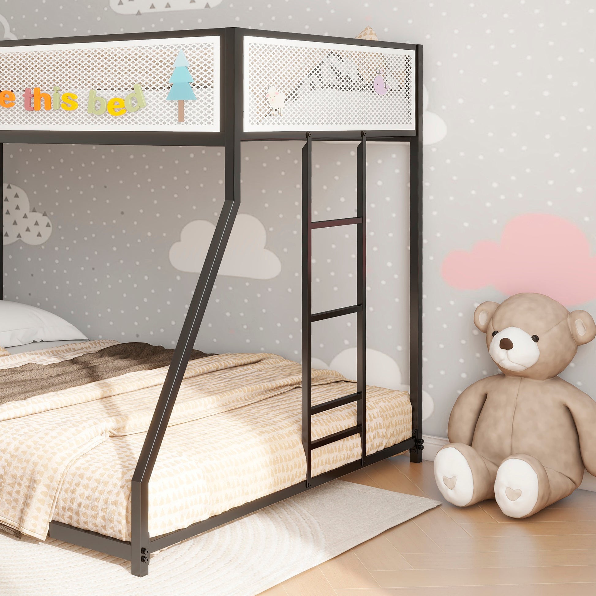 Black metal bunk bed with white patterned safety rails