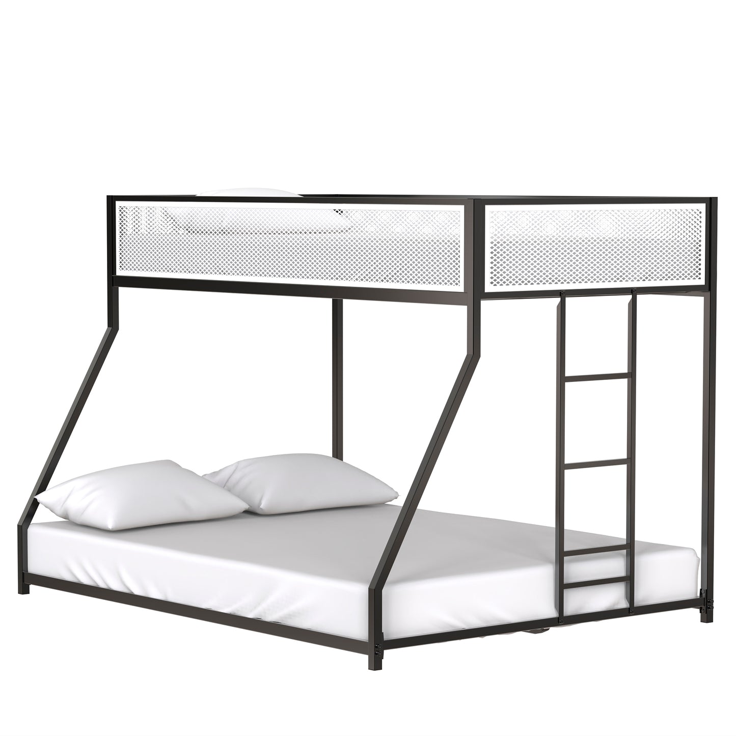 Modern black metal bunk bed with white mattress and pillows
