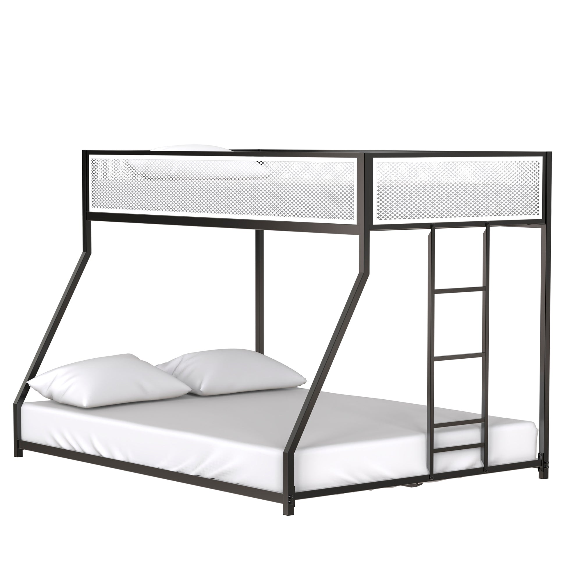 Modern black metal bunk bed with white mattress and pillows