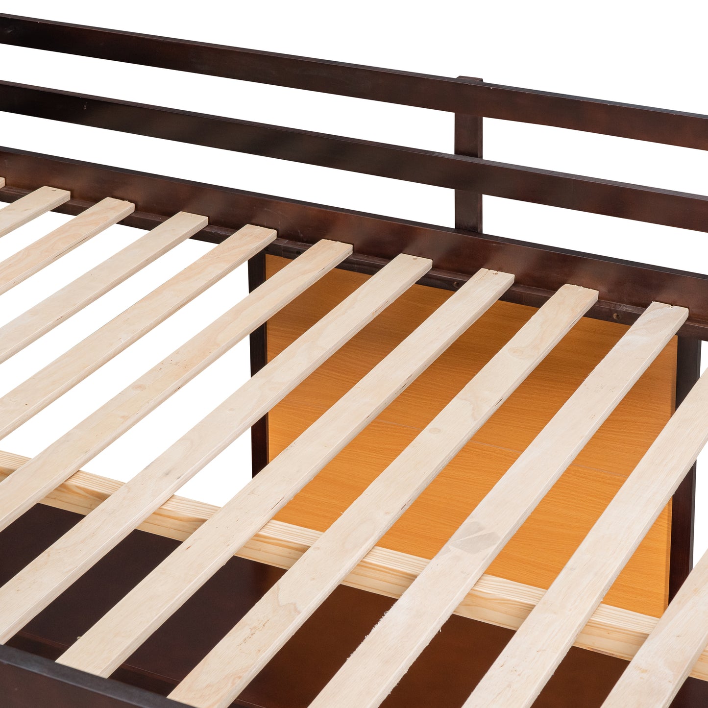 Dark brown wooden bed frame with light wood slats