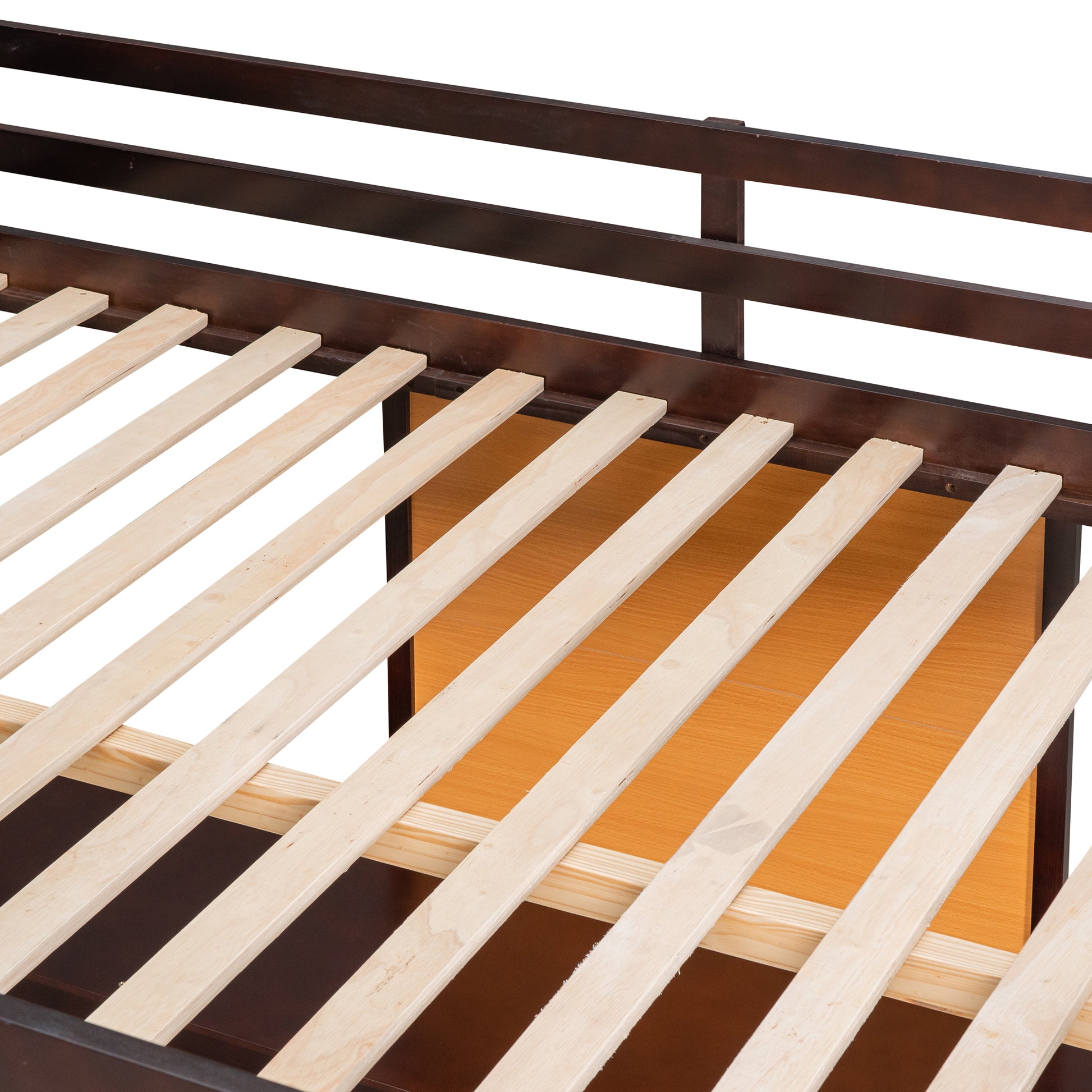 Dark brown wooden bed frame with light wood slats