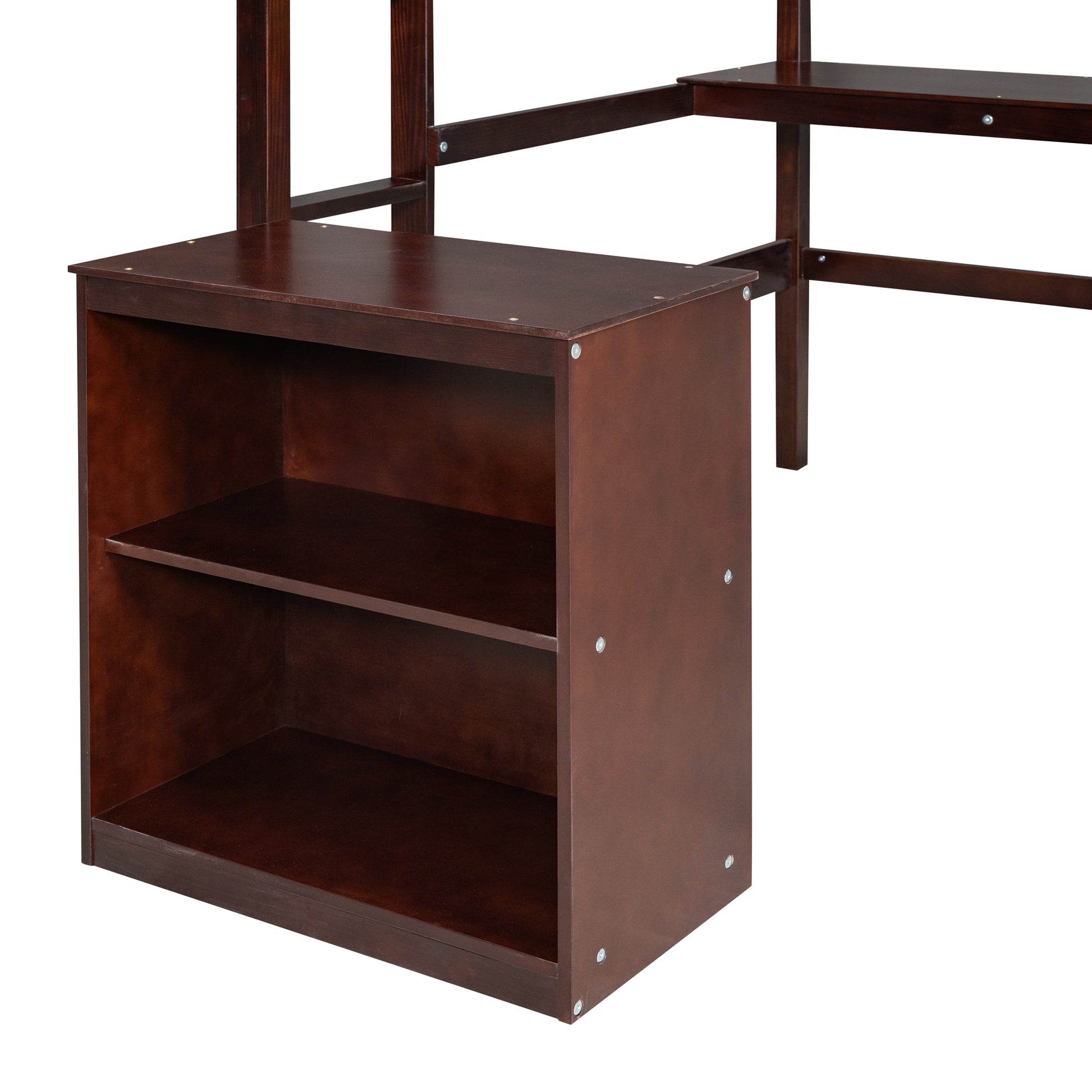 Dark brown wooden shelf unit with two open compartments