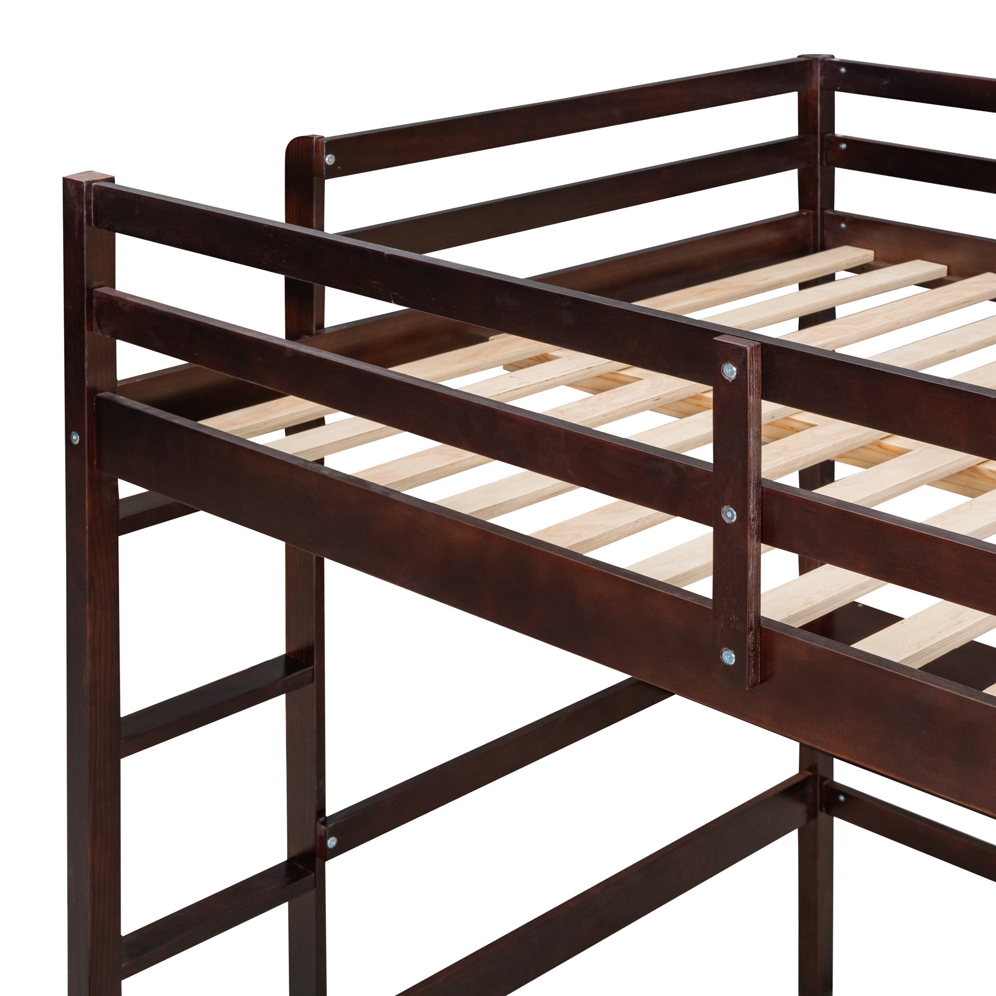 Dark brown wooden bunk bed frame with slatted mattress support for kids bedroom