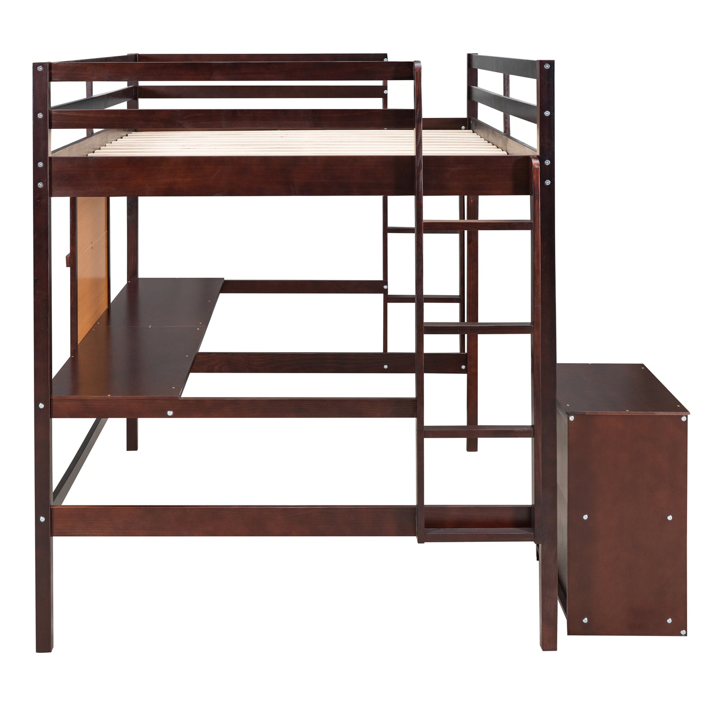 Dark wood loft bed with integrated desk and storage cabinet