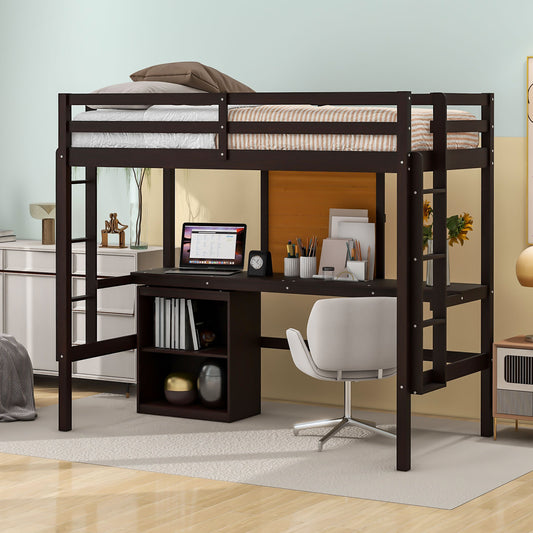 Dark wood loft bed with integrated desk and storage shelves for spacesaving bedroom solutions