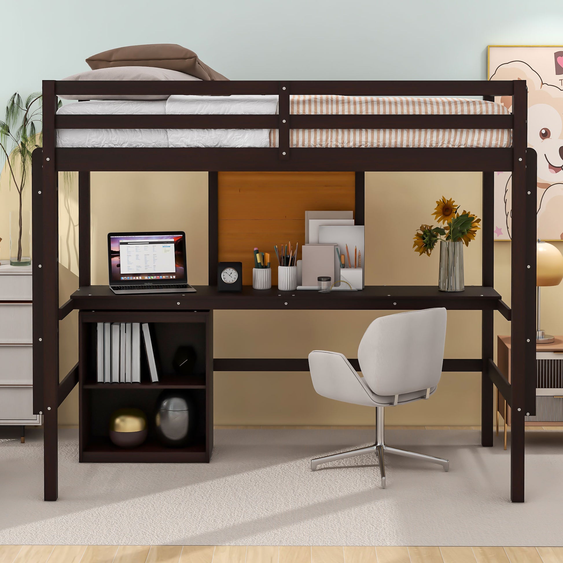Dark brown wood loft bed with integrated desk and shelves