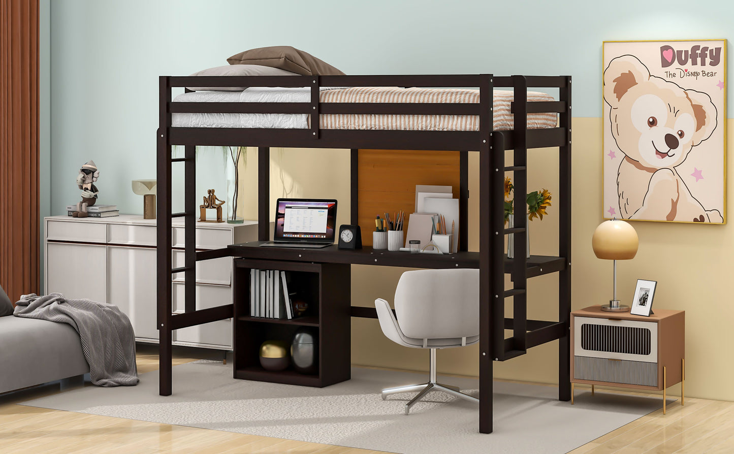 Dark brown wood loft bed with integrated desk and bookshelf