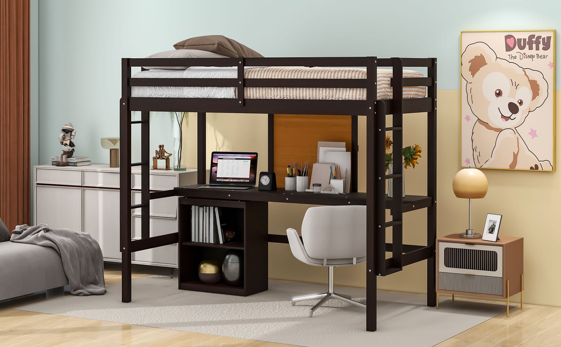 Dark brown wood loft bed with integrated desk and bookshelf