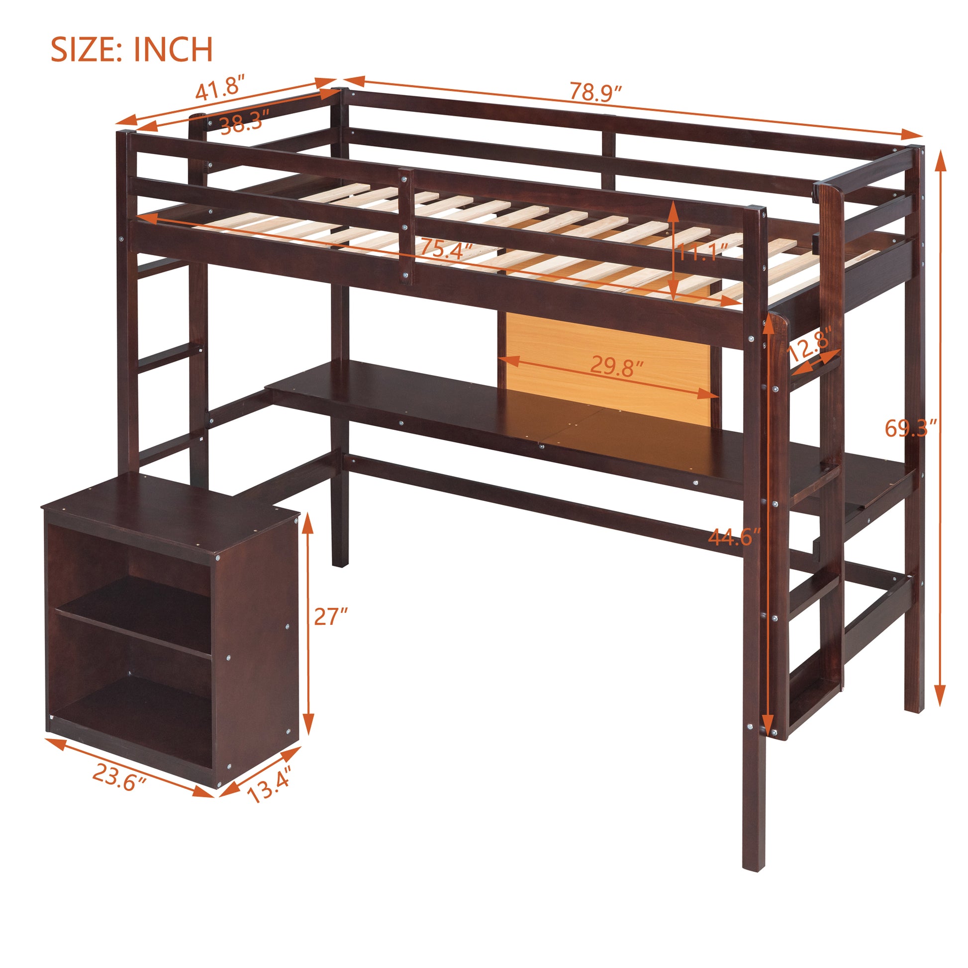Dark brown twin loft bed with integrated desk and shelving unit