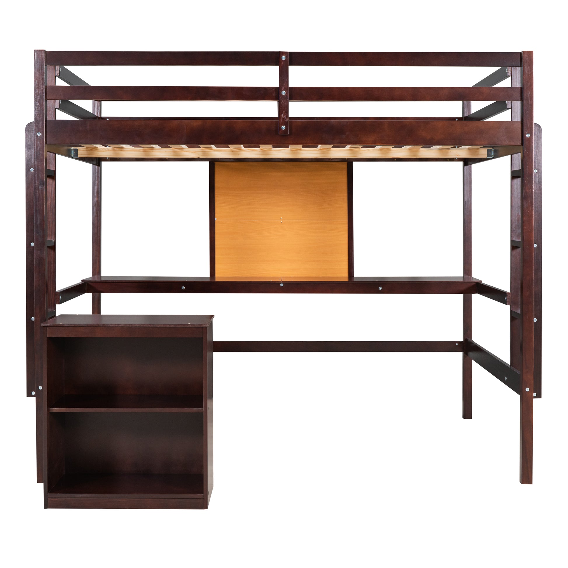Dark brown wooden loft bed with integrated desk and bookshelf