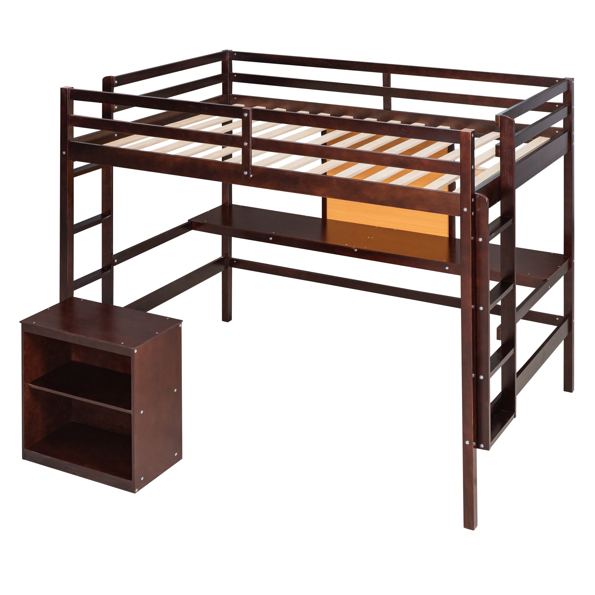 Dark wood loft bed with integrated desk and shelves