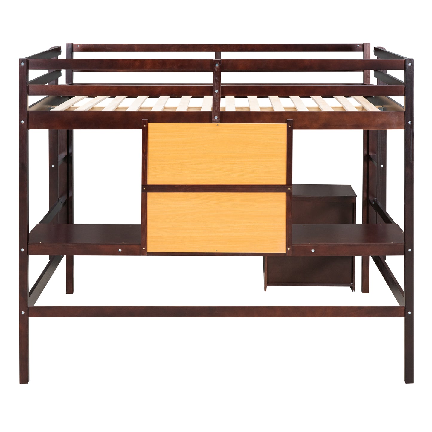 Dark brown wooden loft bed with natural wood accents and integrated desk