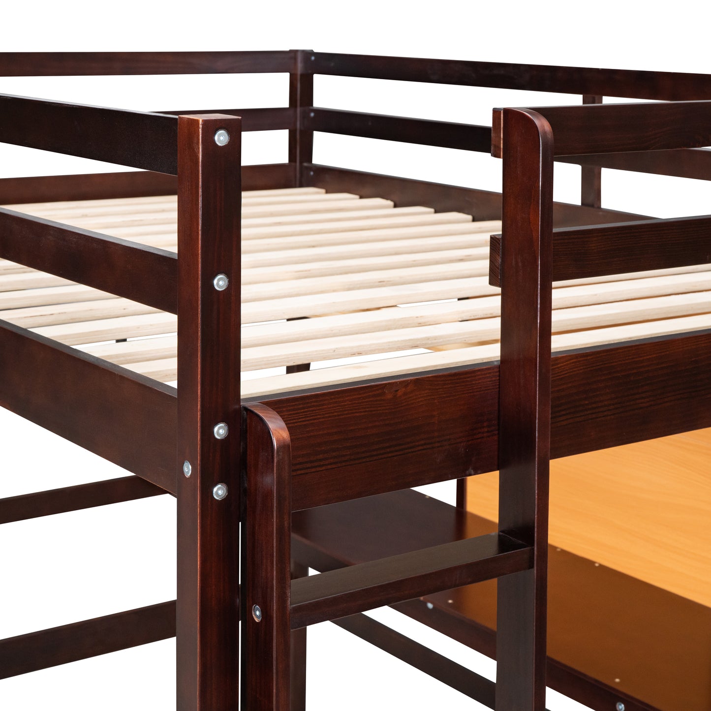 Dark wood bunk bed frame with slatted mattress support and safety rails