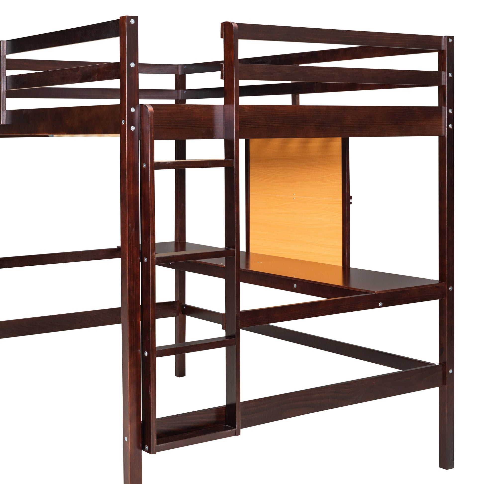 Dark brown wood loft bed with integrated desk and ladder
