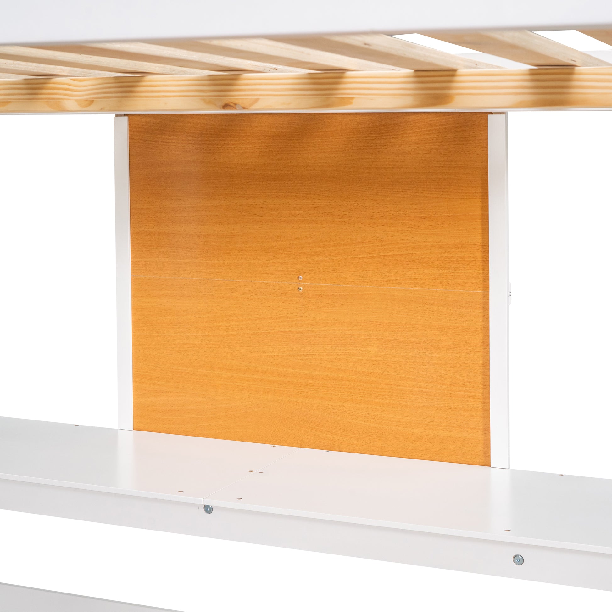 White wooden bunk bed frame with natural wood slats