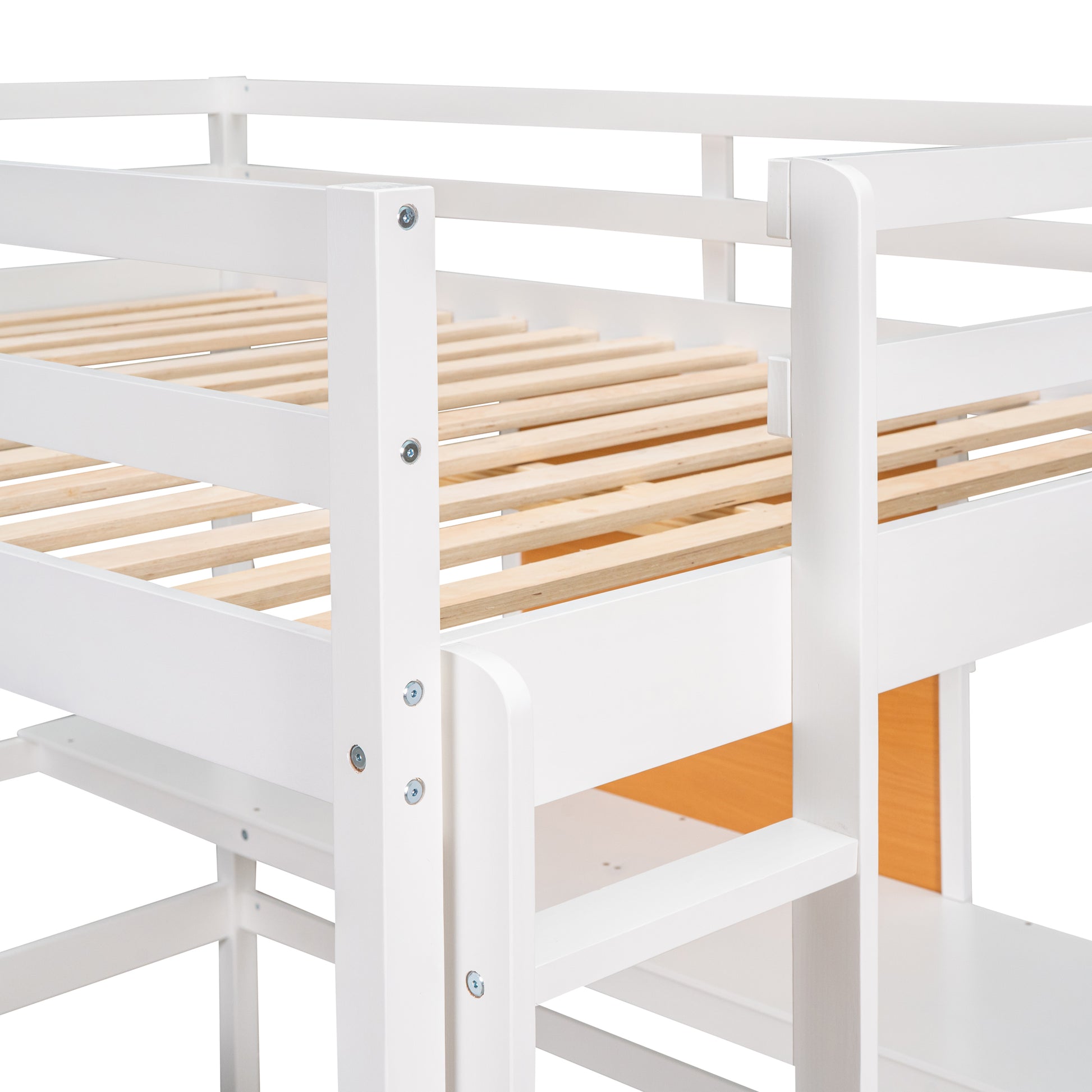 White wooden bunk bed frame with natural wood slats
