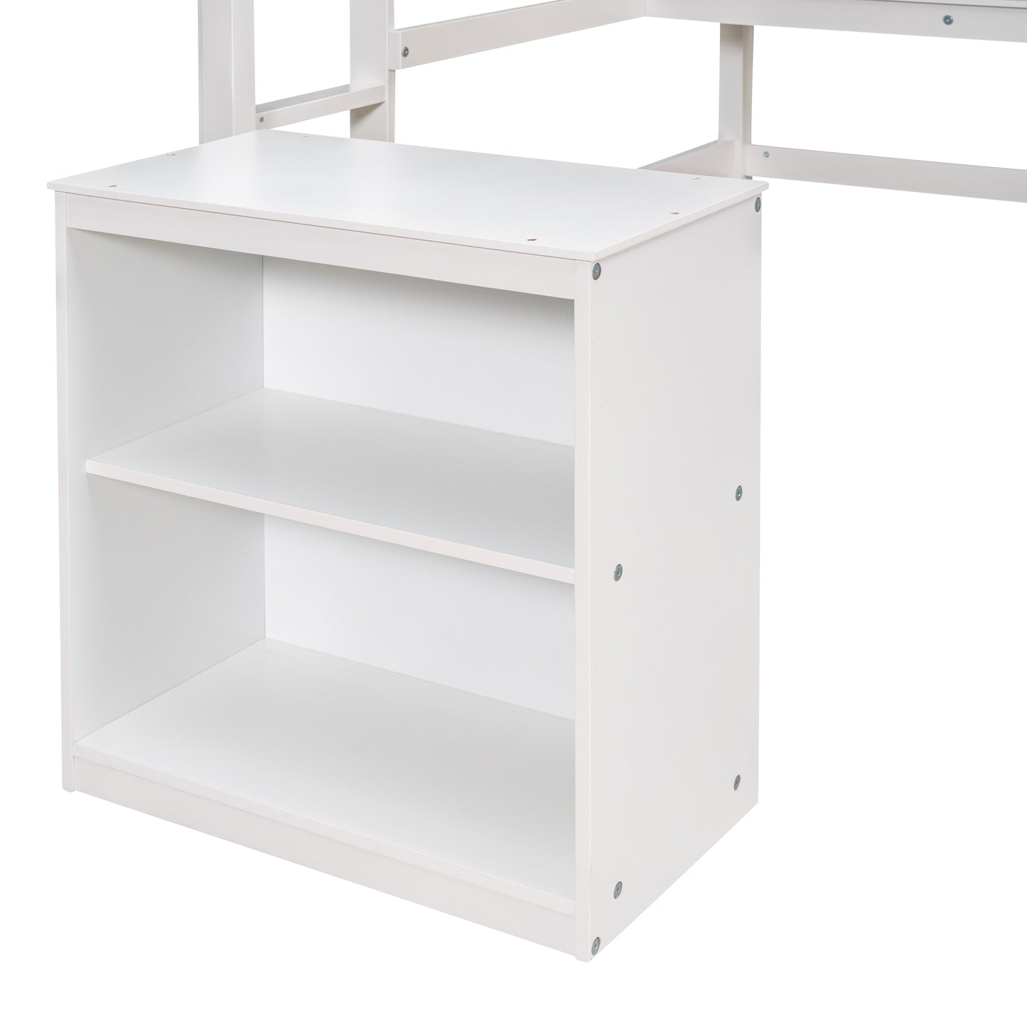 White wood bunk bed shelf unit with two open compartments