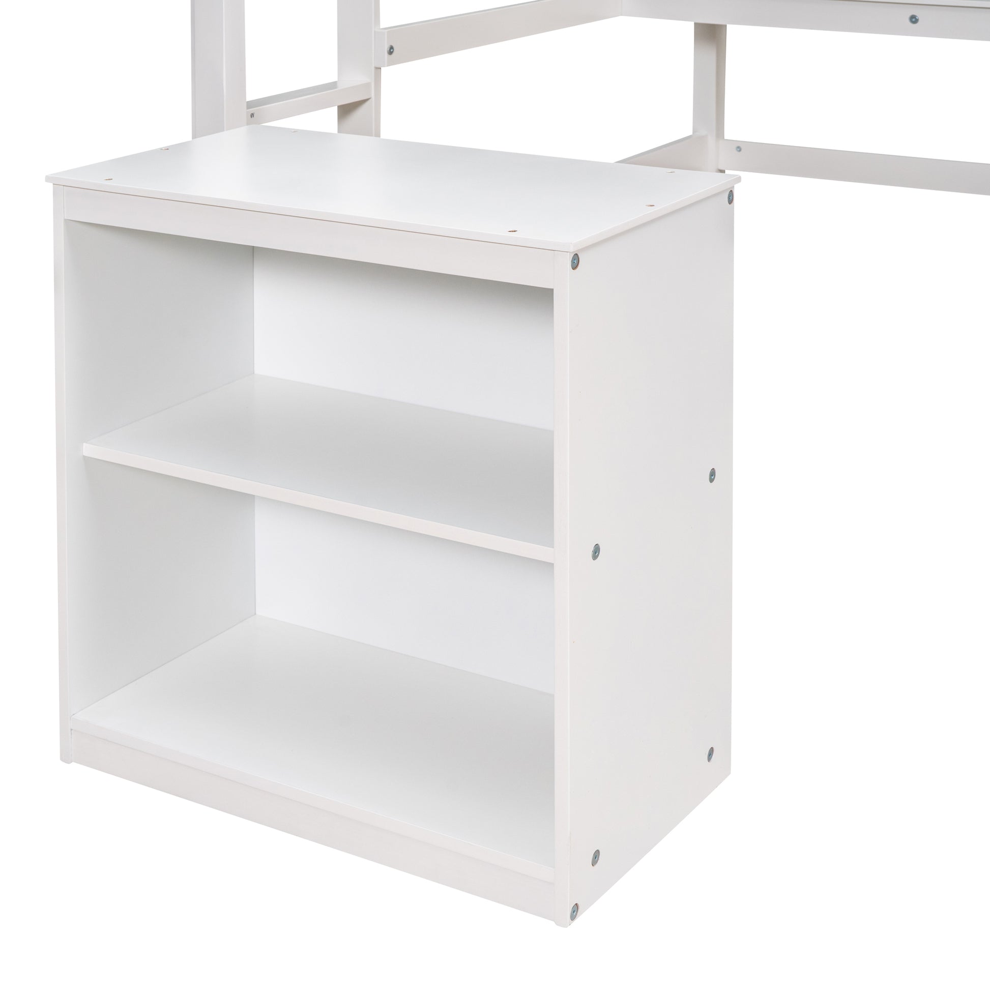 White wood bunk bed shelf unit with two open compartments