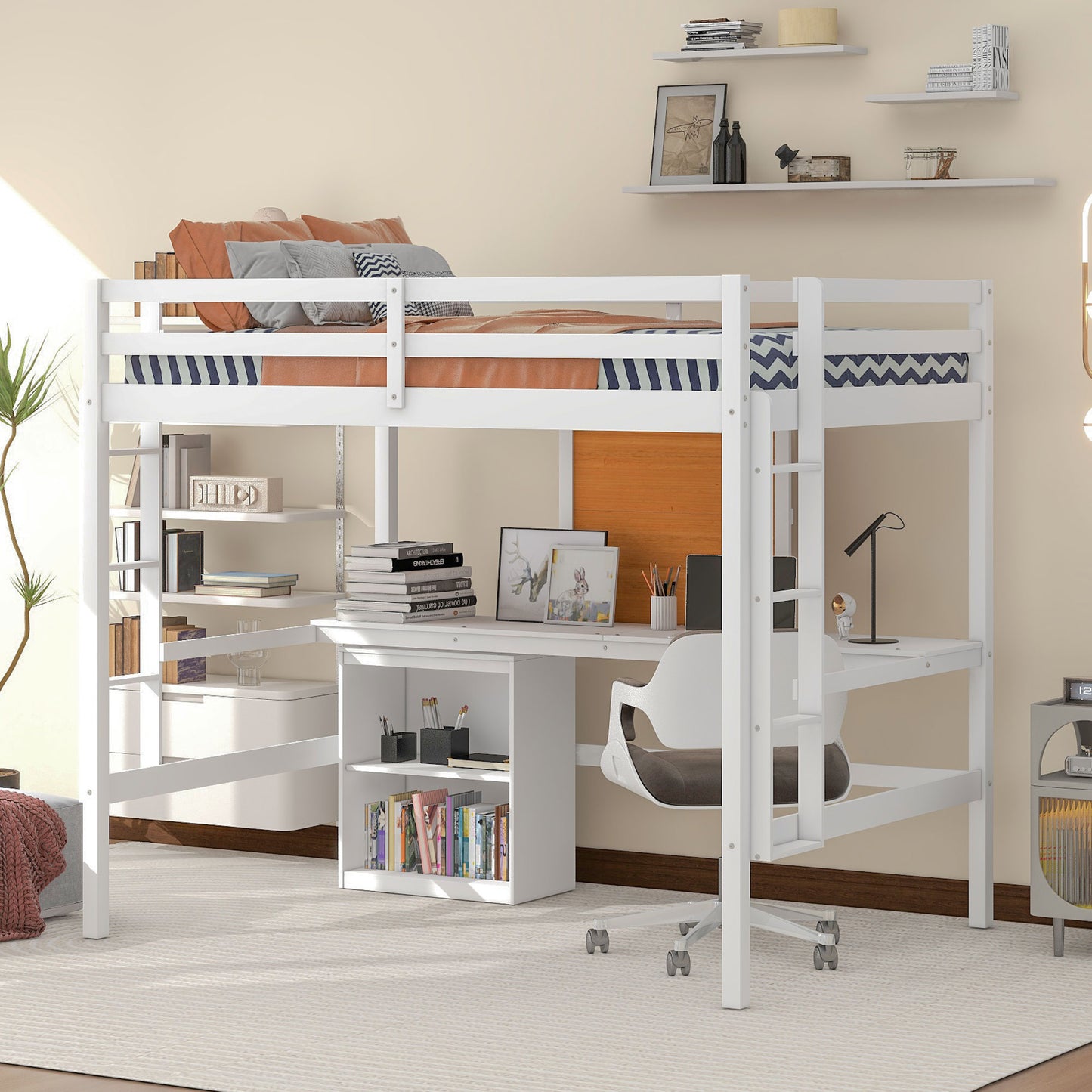White loft bed with desk and shelves