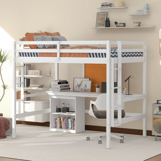 White loft bed with desk and shelves