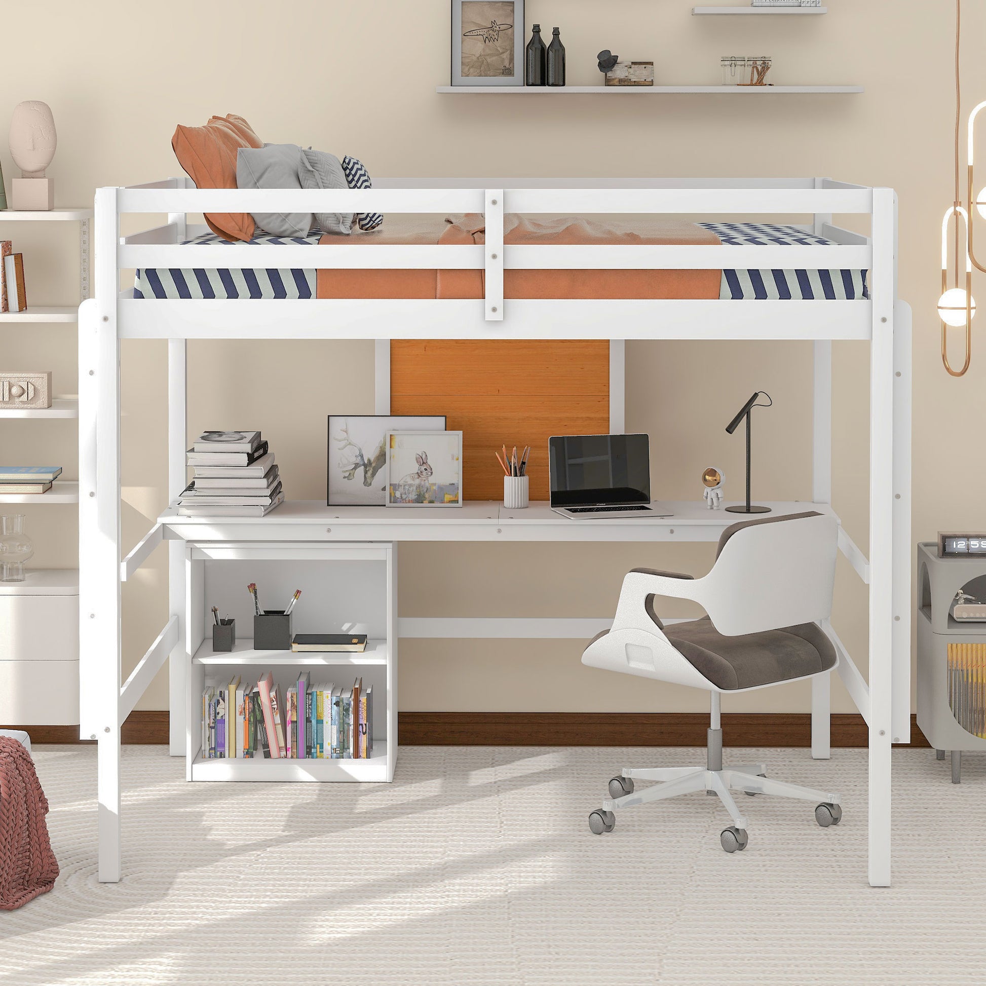 White wooden loft bed with integrated desk and shelf