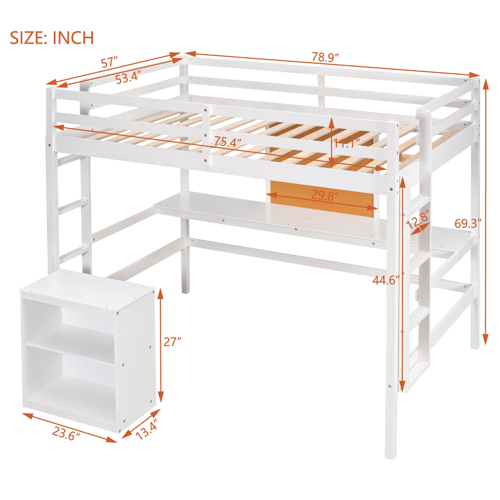 White wooden loft bed with desk and shelving
