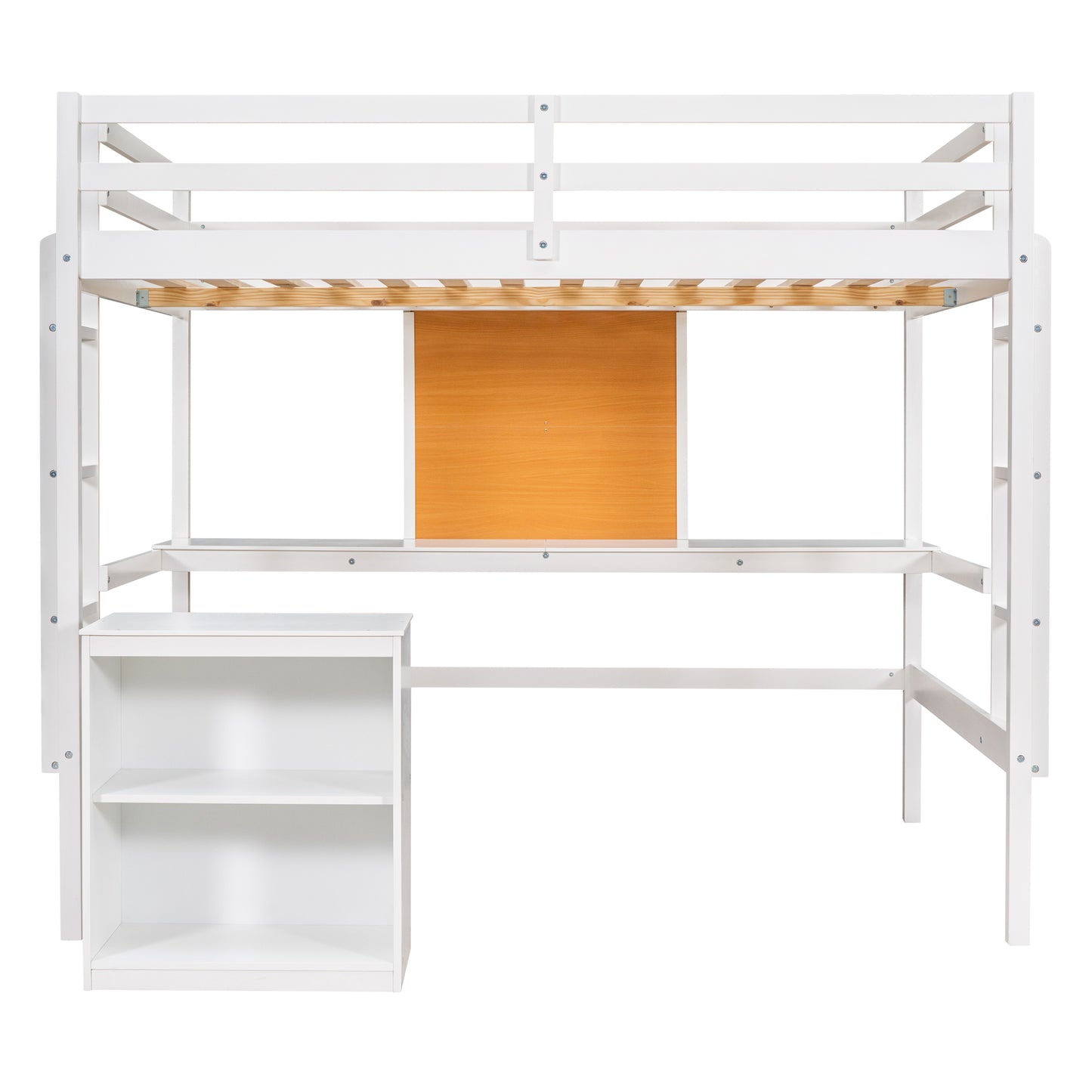 White wooden loft bed with integrated desk and bookshelf
