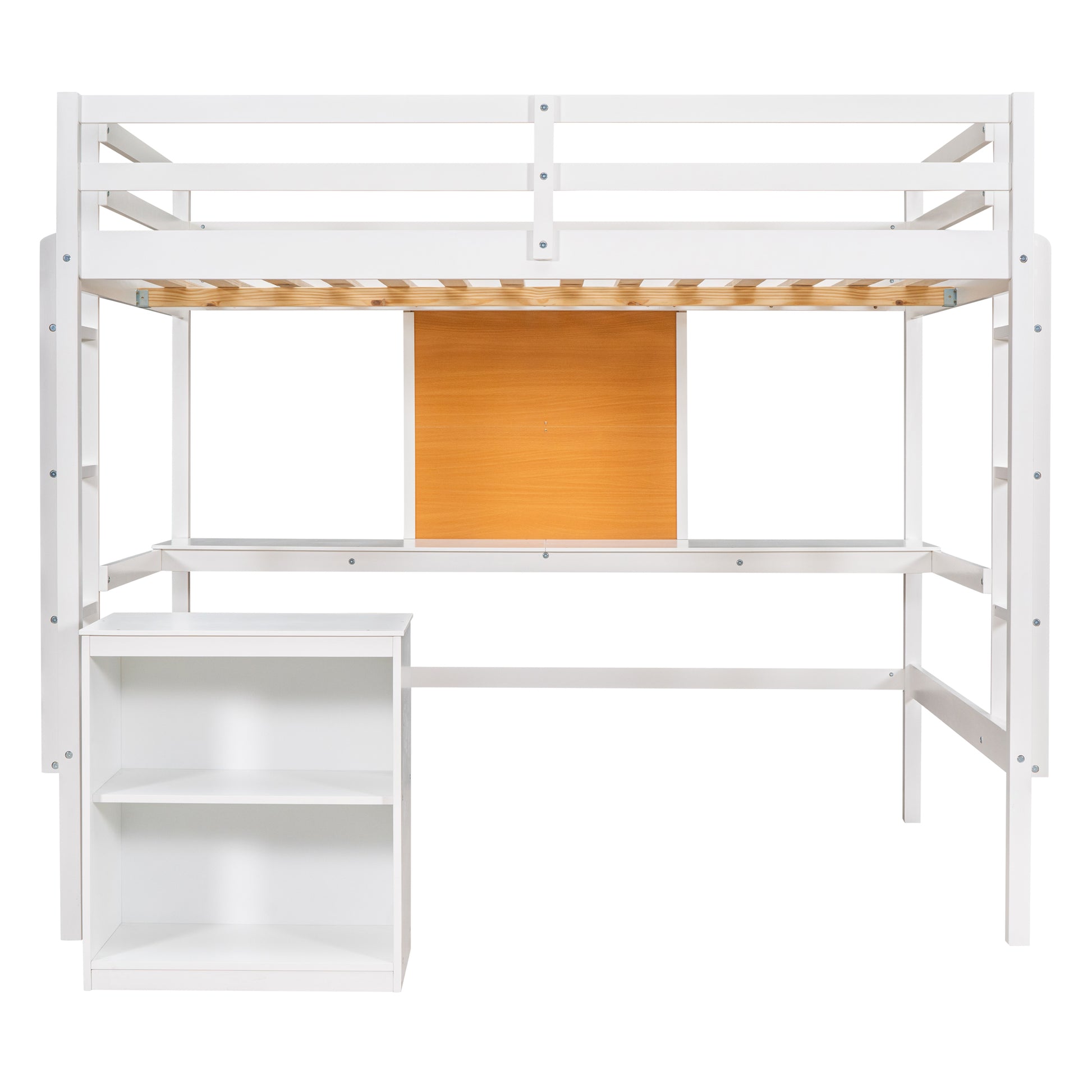 White wooden loft bed with integrated desk and bookshelf