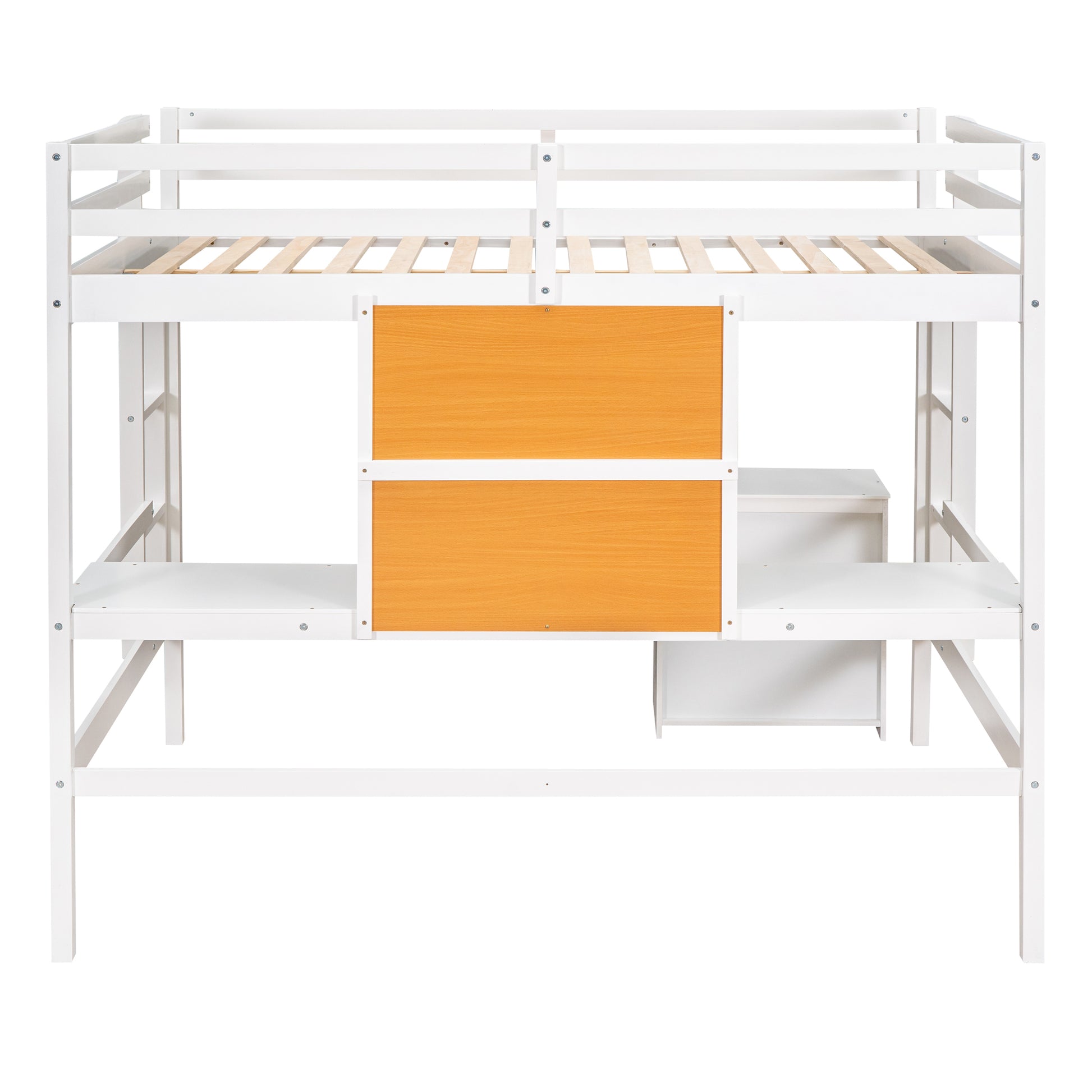 White wooden loft bed with desk and two orange drawer fronts