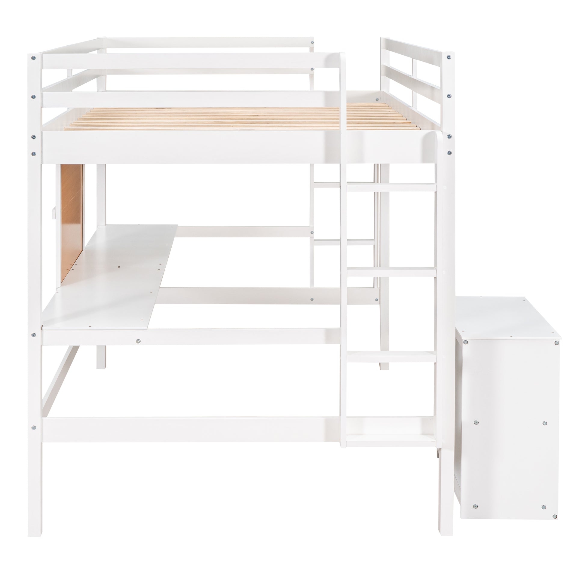 White wooden loft bed with desk and storage