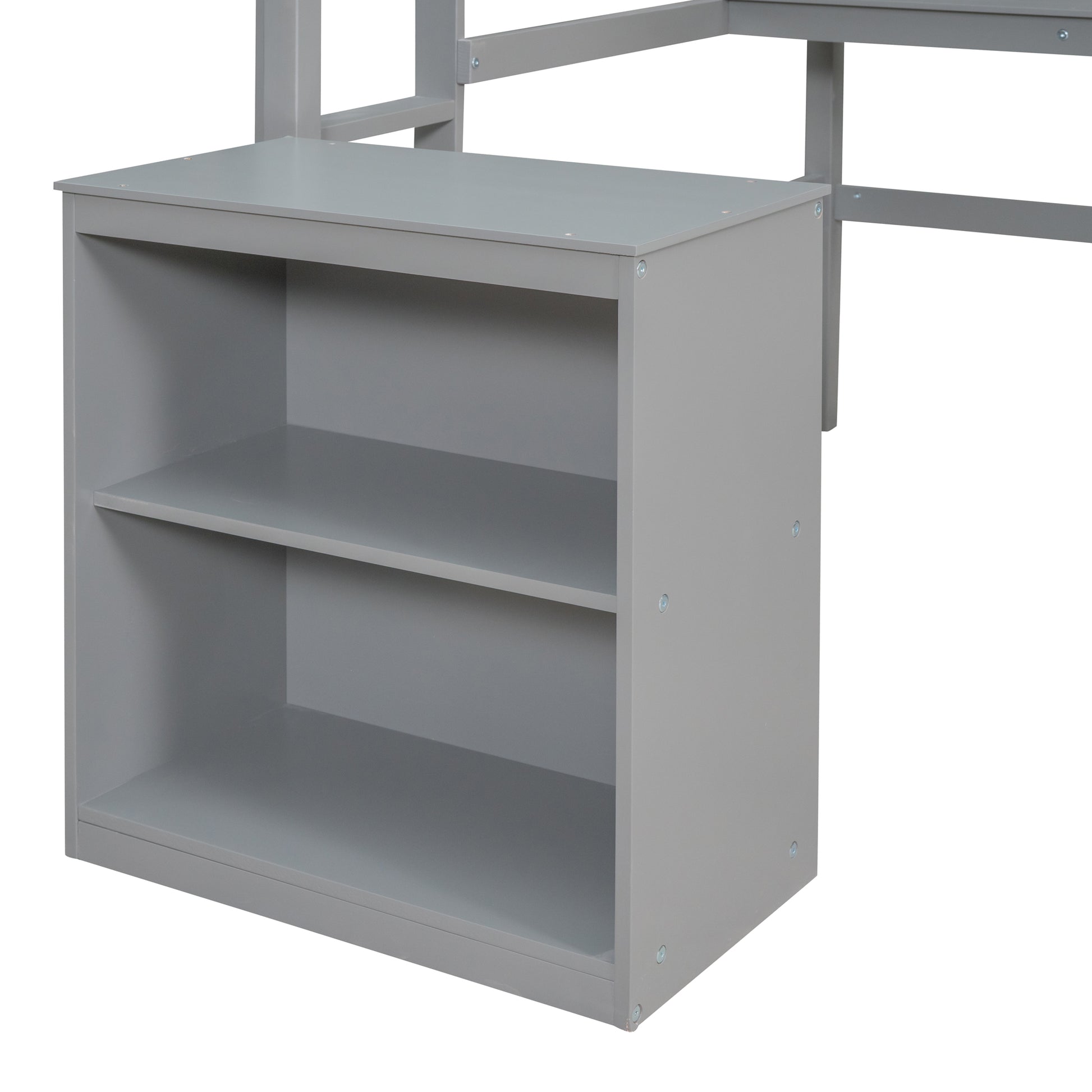 Gray wooden bunk bed shelf unit with two open compartments