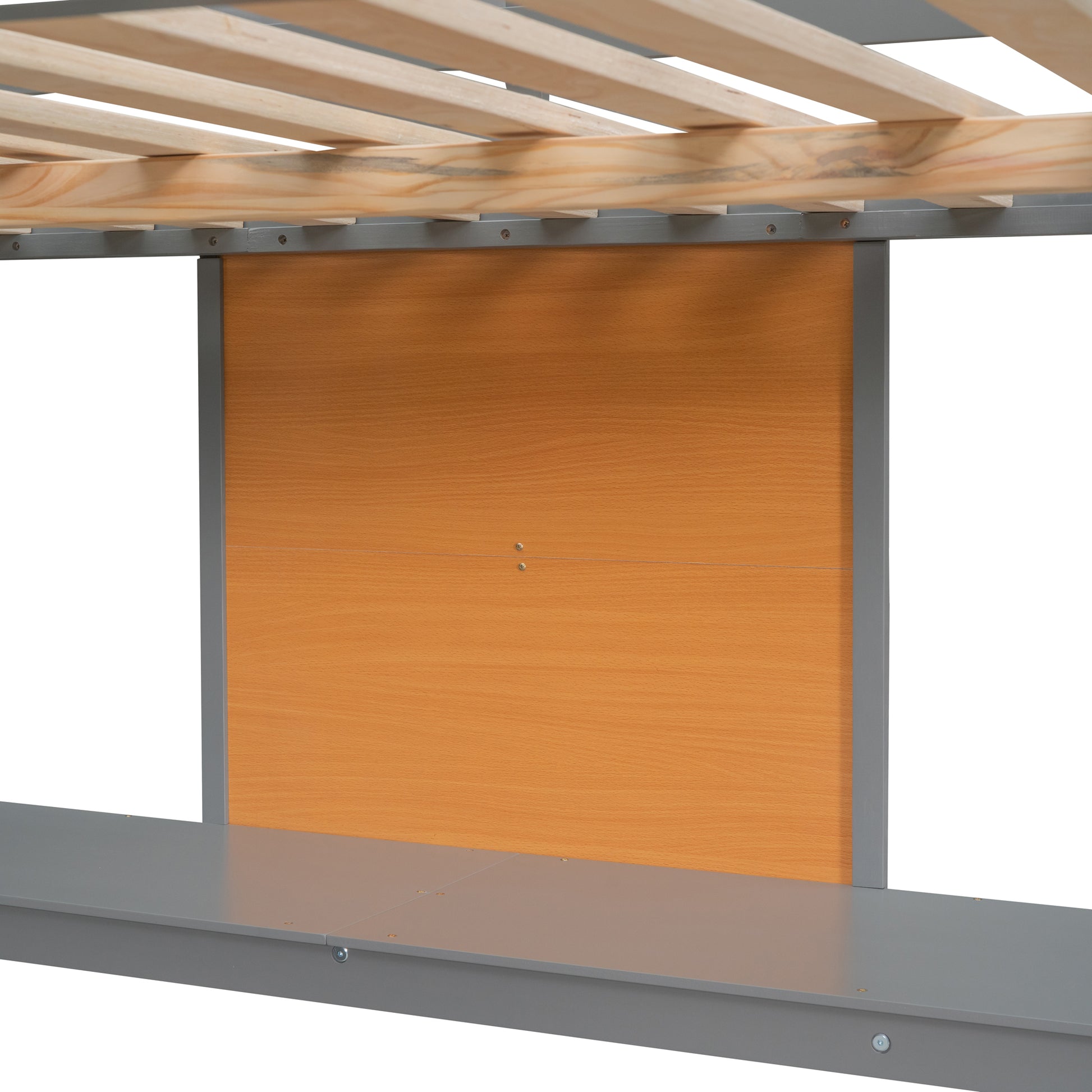 Wooden bed slats with grey metal frame and woodgrain panel