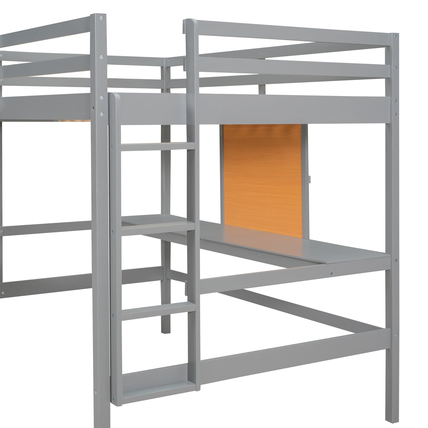 Gray wooden loft bed with desk and ladder
