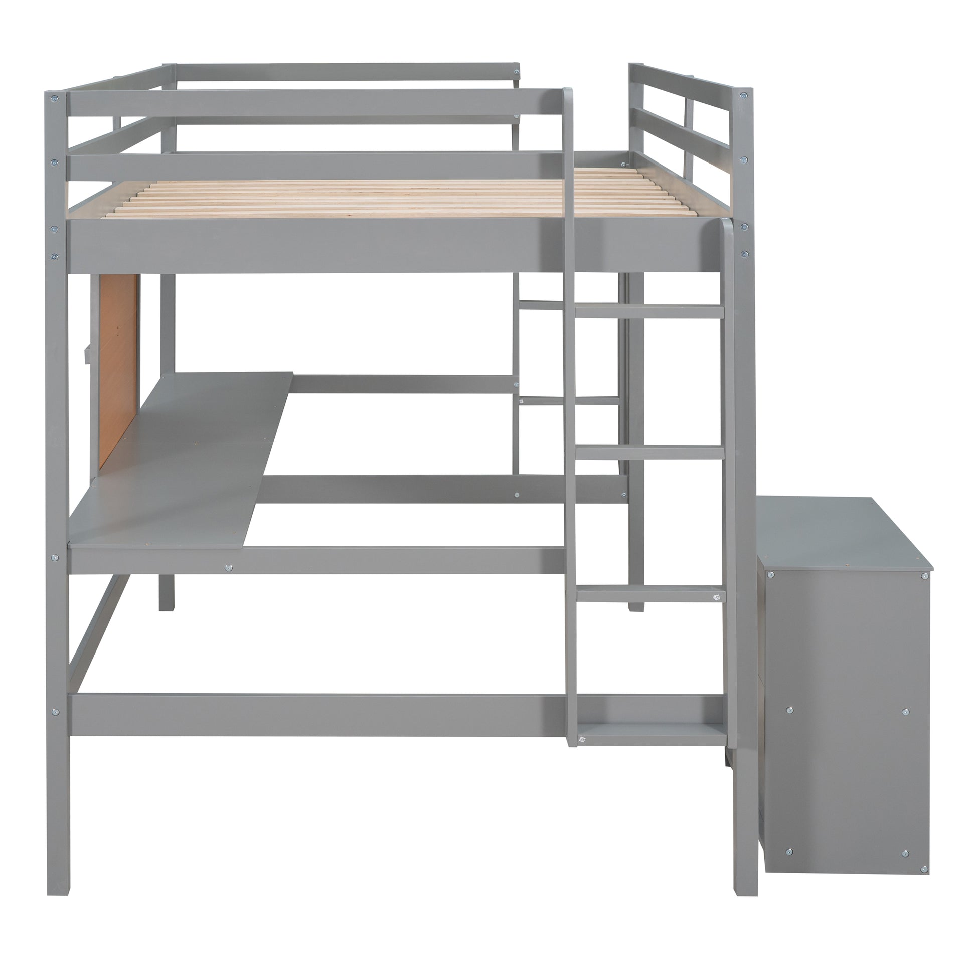 Gray loft bed with integrated desk and storage