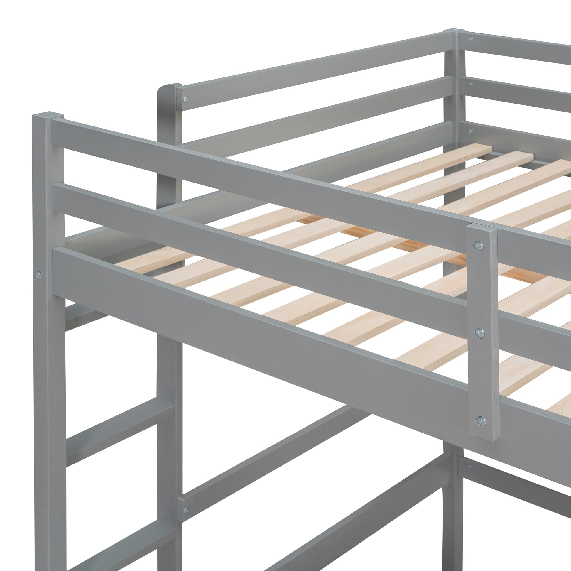 Gray wooden twin loft bed frame with slatted mattress support