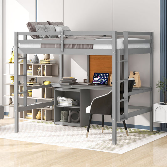 Gray wooden loft bed with integrated desk and shelving unit