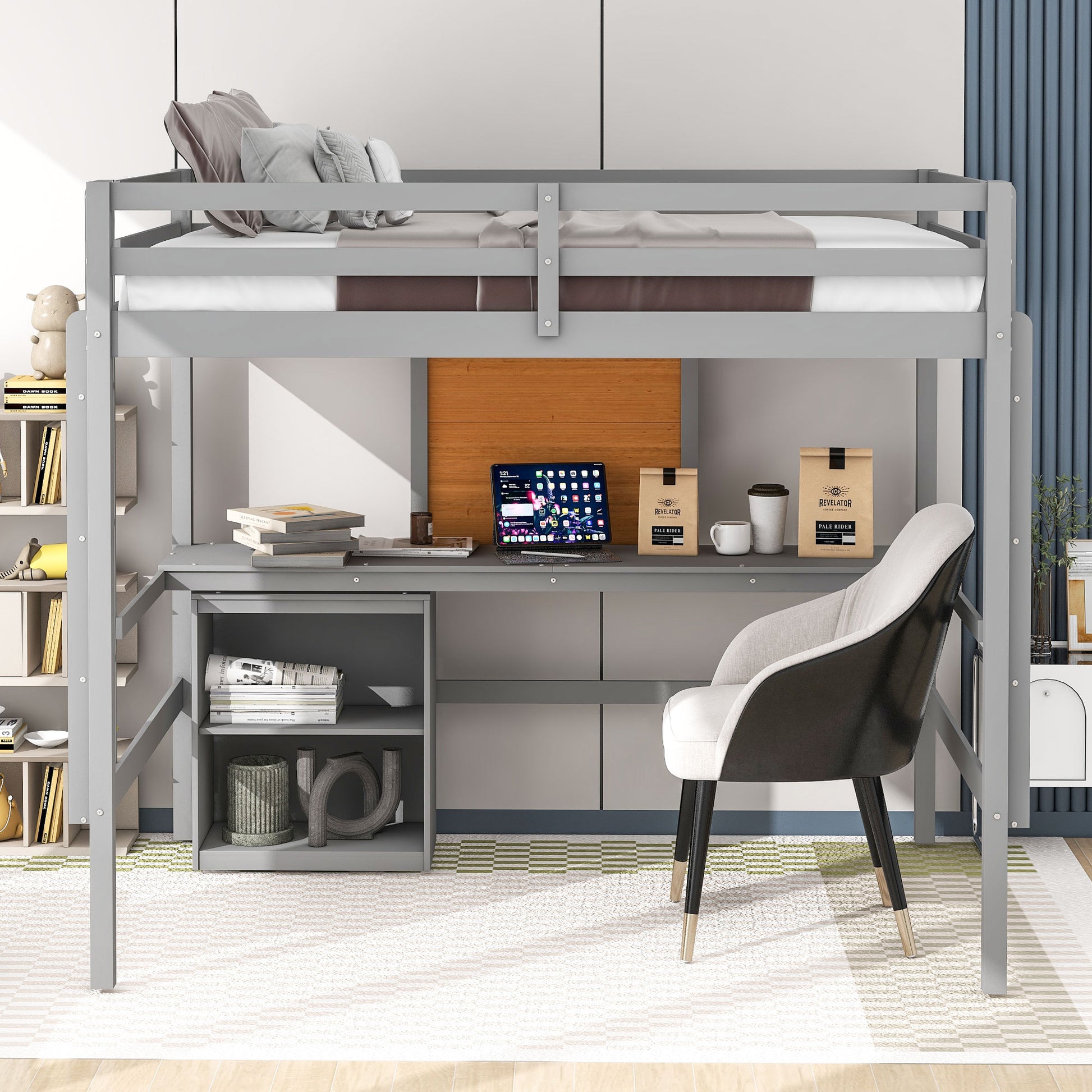 Gray metal loft bed with integrated desk and shelving