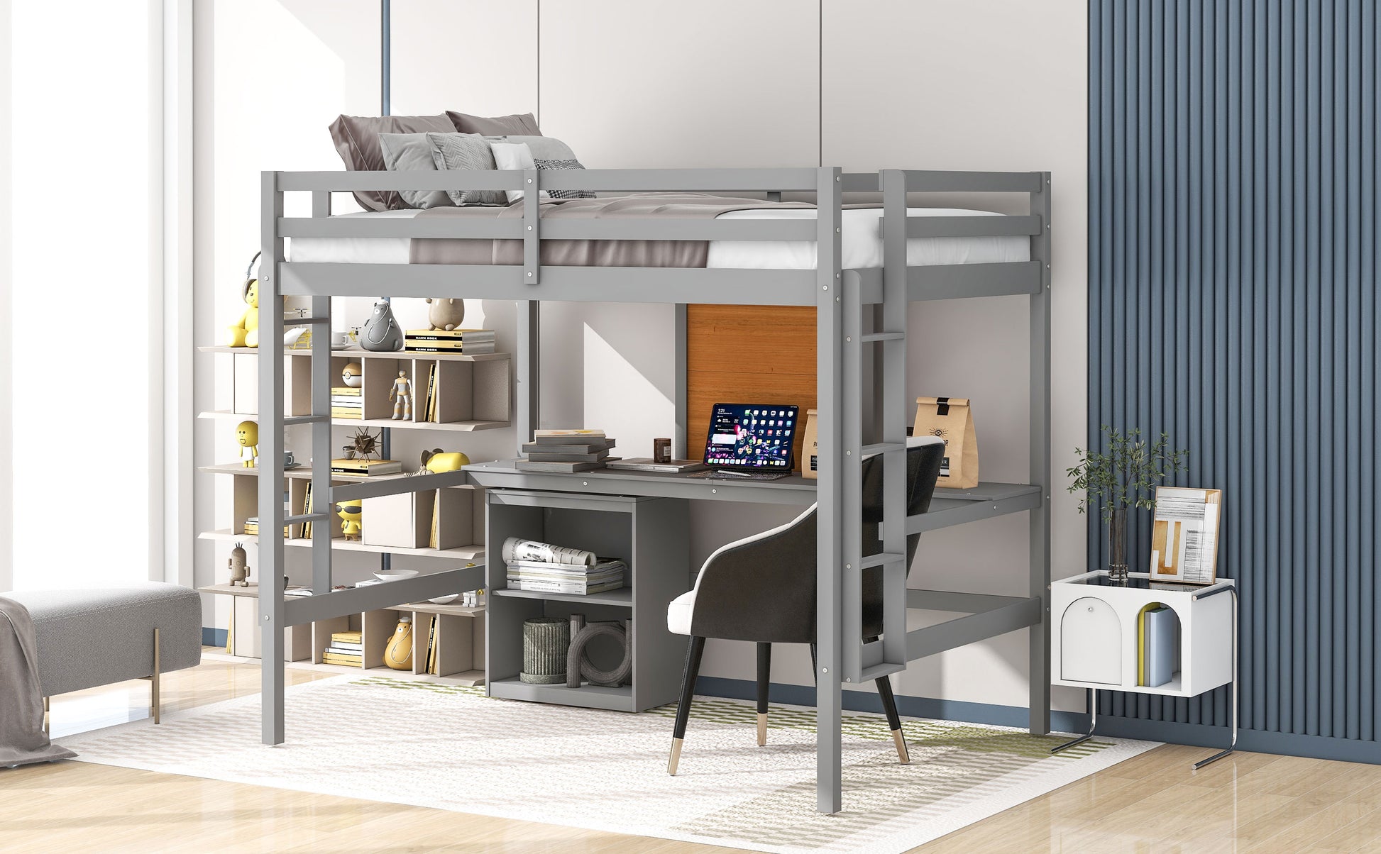 Gray wooden loft bed with integrated desk and shelves