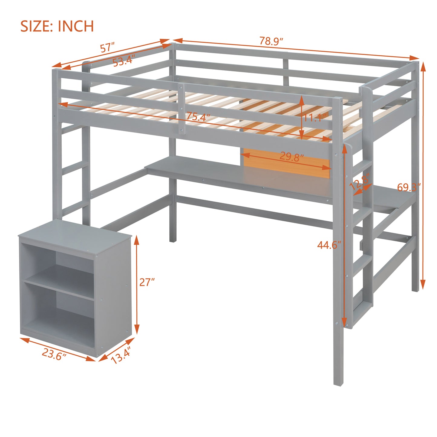 Gray wooden loft bed with integrated desk and shelves