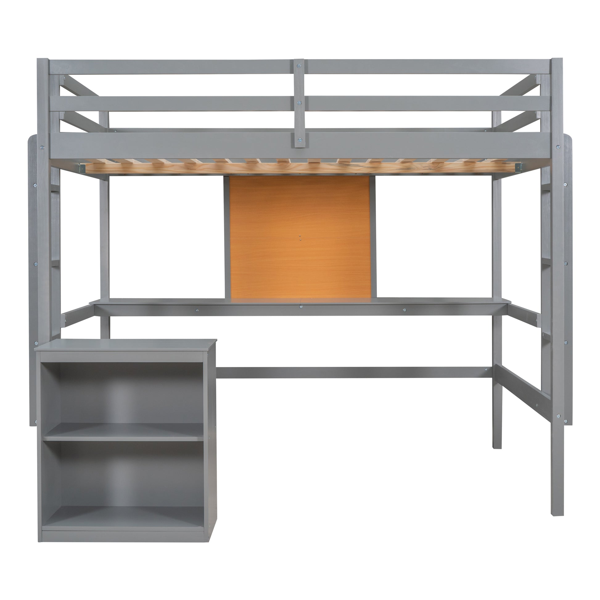 Grey wooden loft bed with desk and shelves for kids