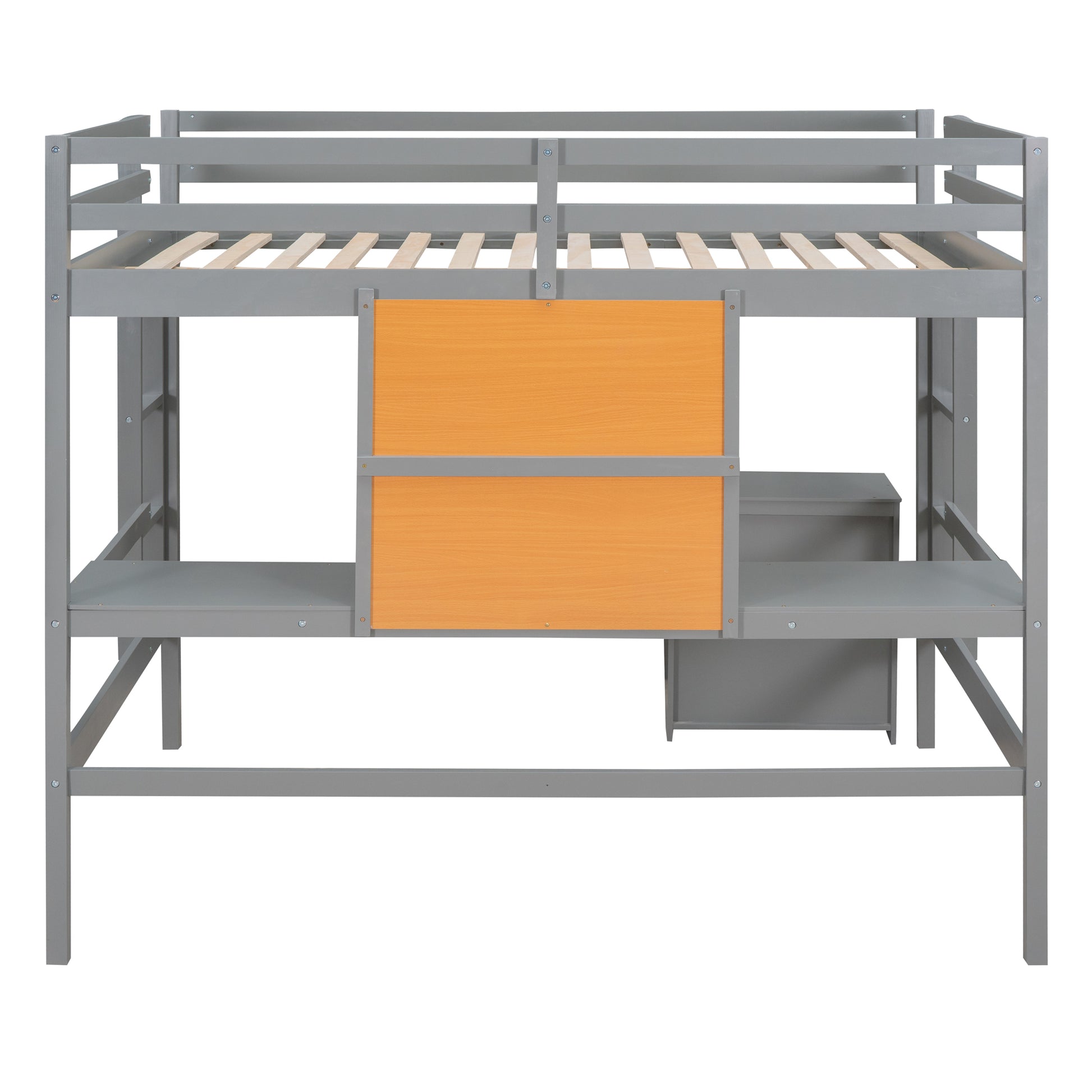 Gray wooden loft bed with desk and integrated shelving