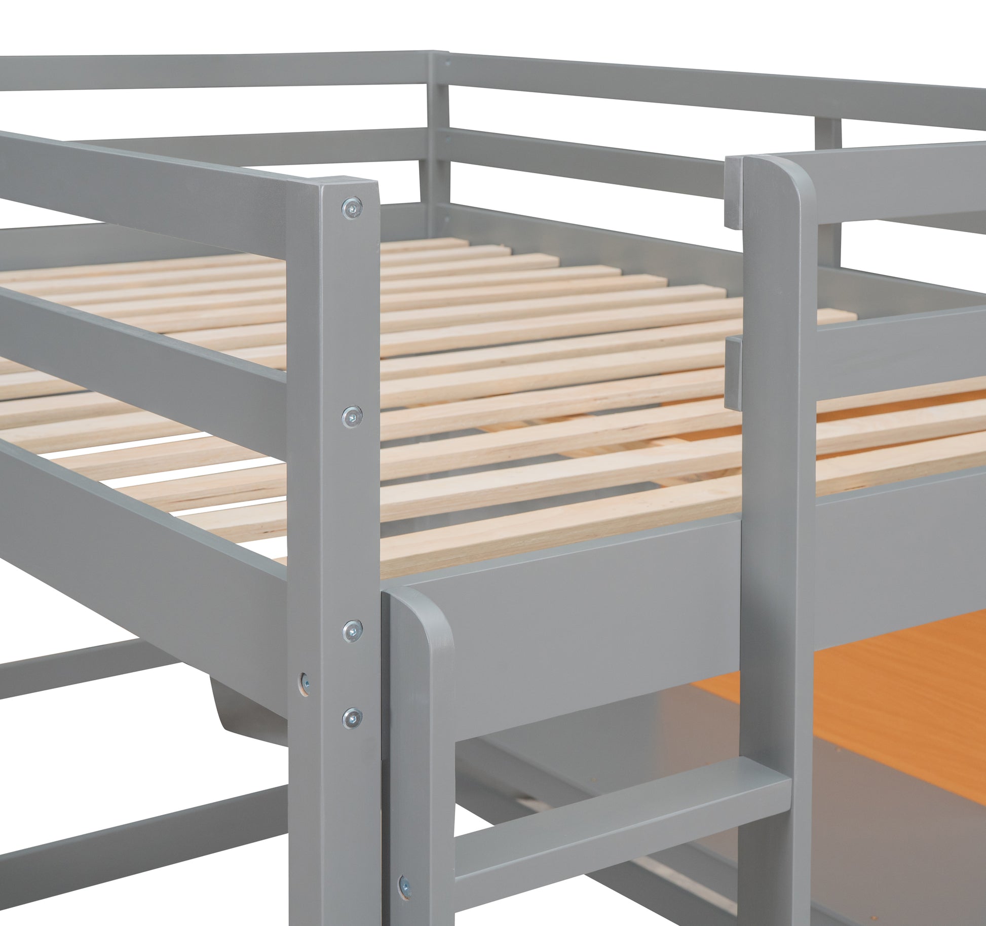 Gray wooden bunk bed frame with visible wooden slats